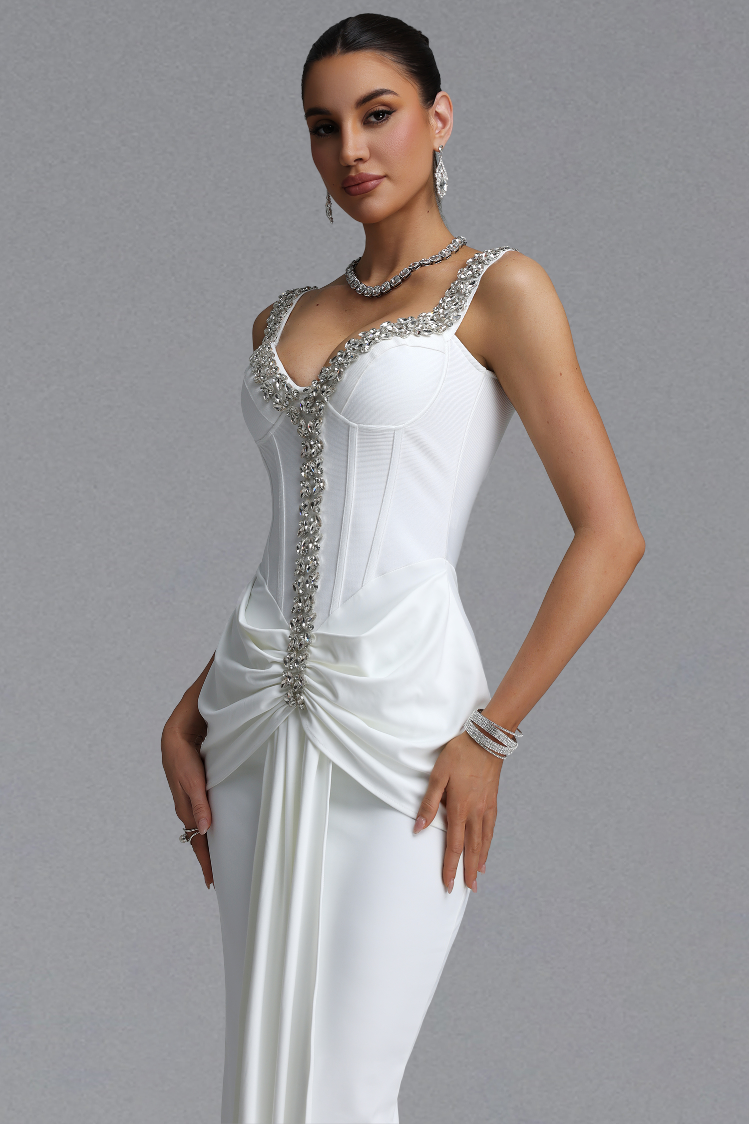 Ethel Elegant Slim Off Shoulder Boned Fitted Rhinestone Twisted Ruched Mermaid Maxi Wedding Dress