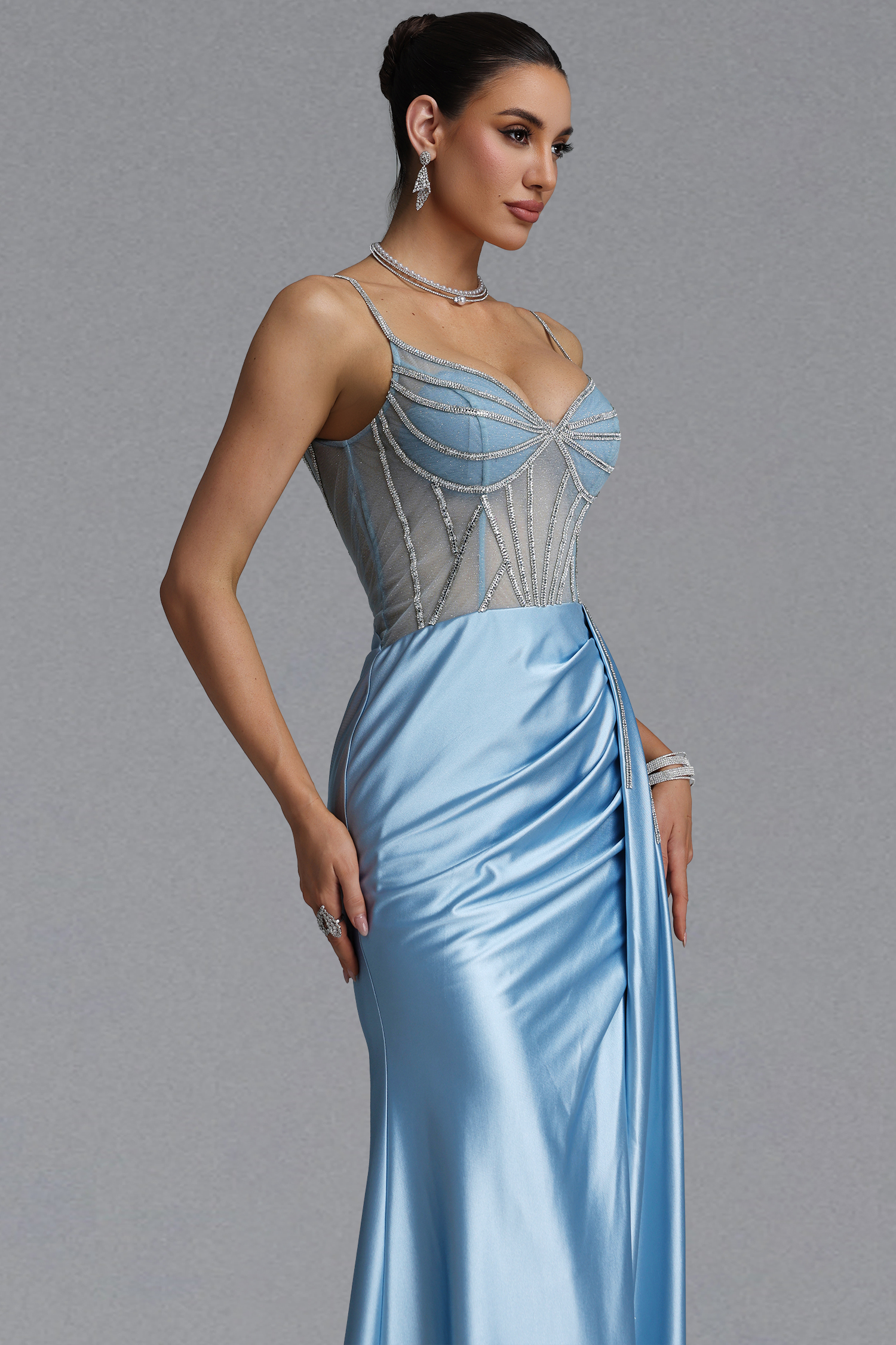 Pascale Elegant Tailored Square Neck Pleated Satin Maxi Evening Dress