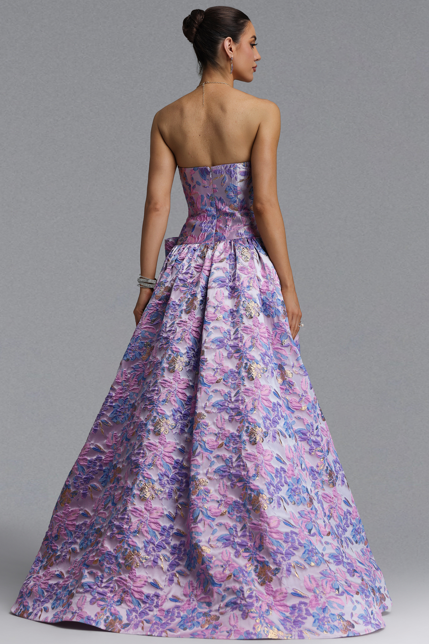 Jacey Elegant Waist-Cinching Strapless Jacquard Satin Bow A-Line Maxi Evening Dress