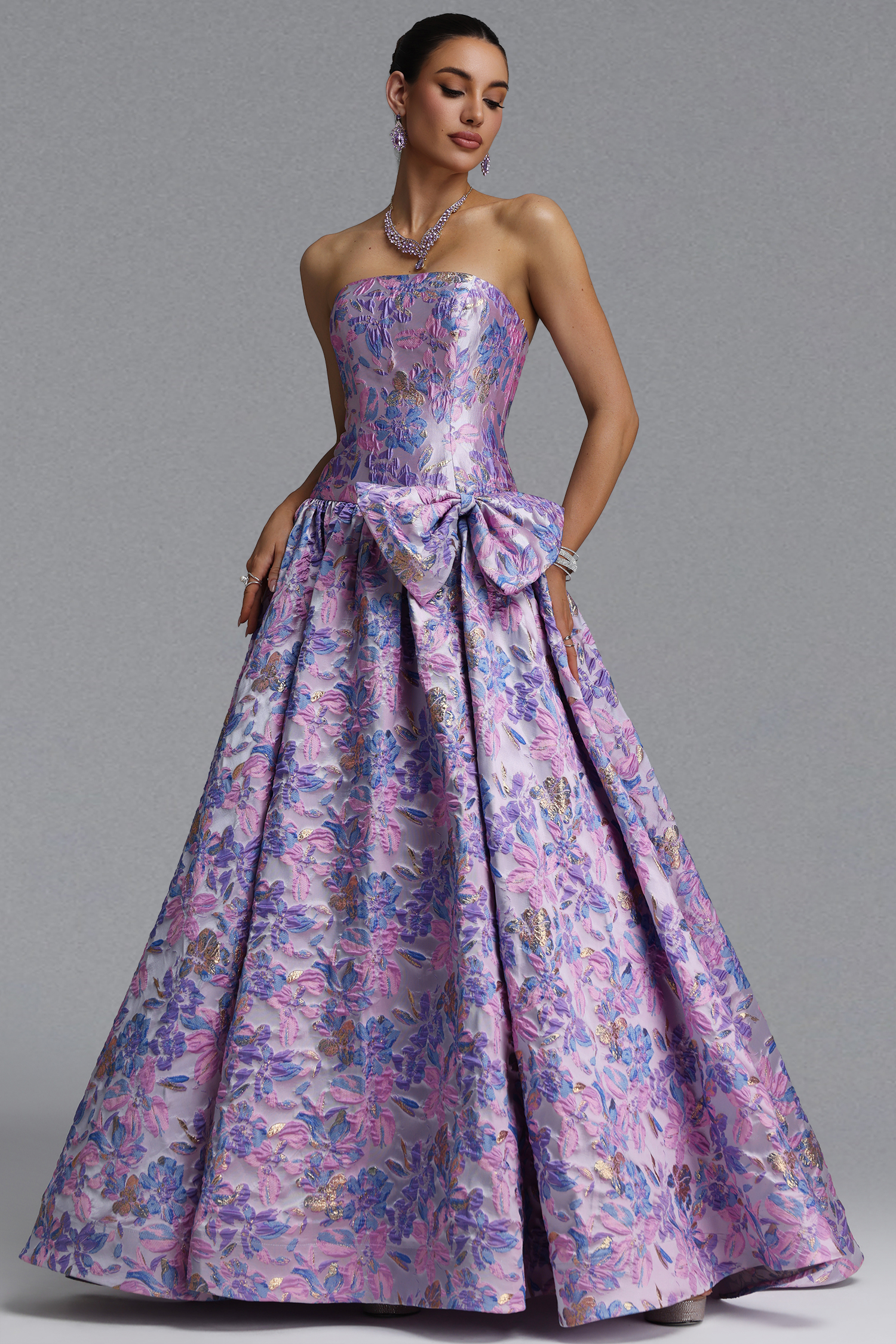 Jacey Elegant Waist-Cinching Strapless Jacquard Satin Bow A-Line Maxi Evening Dress