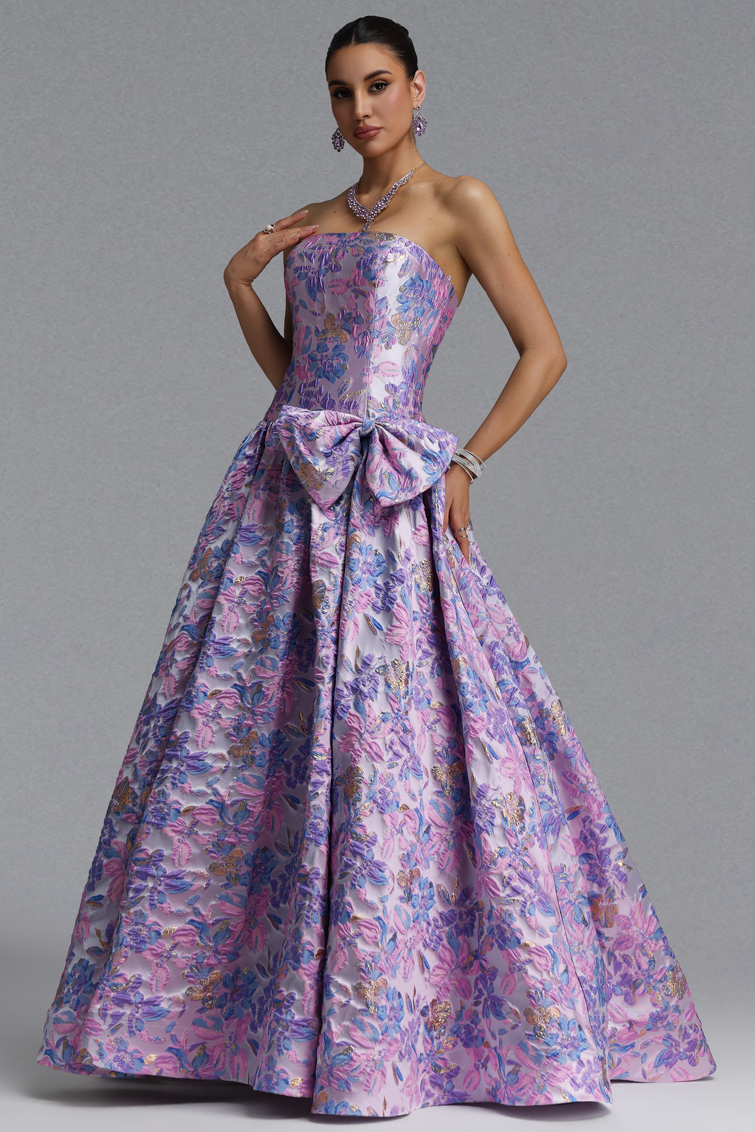 Jacey Elegant Waist-Cinching Strapless Jacquard Satin Bow A-Line Maxi Evening Dress