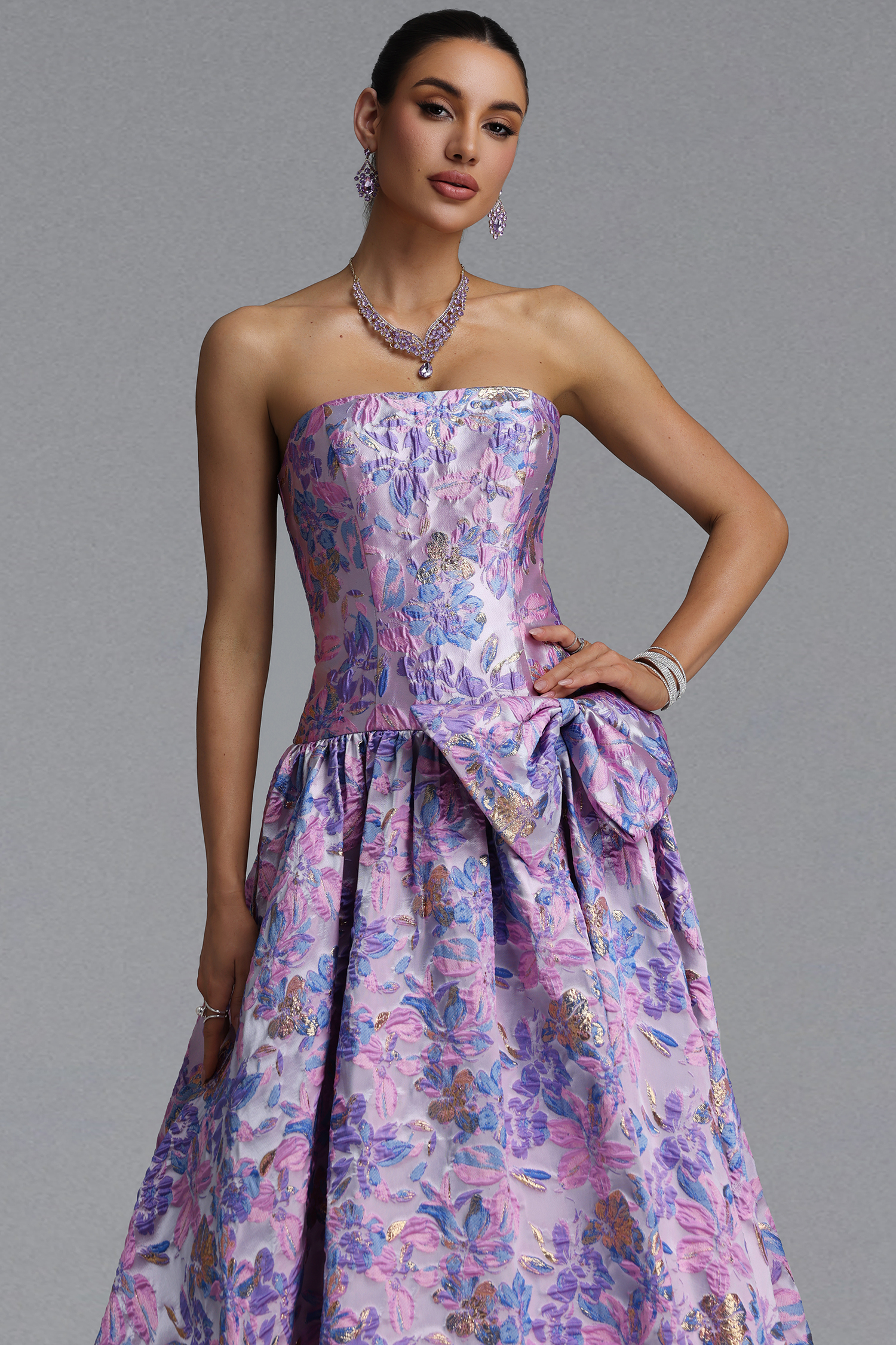 Jacey Elegant Waist-Cinching Strapless Jacquard Satin Bow A-Line Maxi Evening Dress