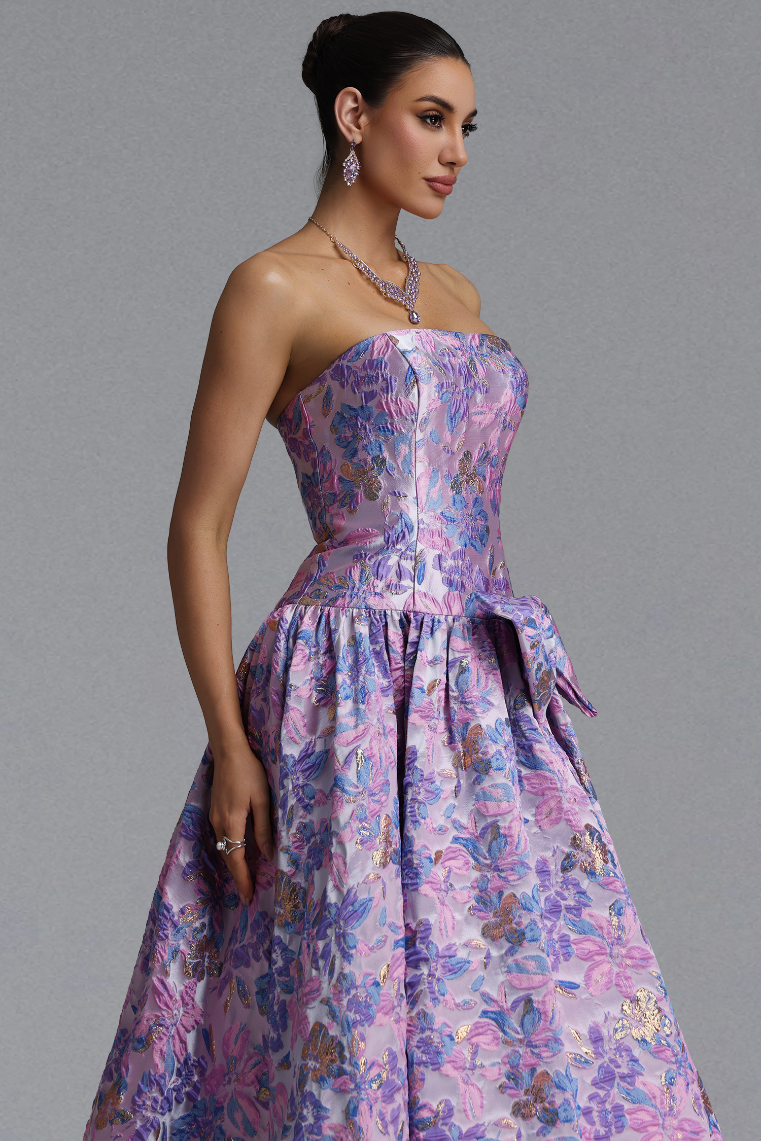 Jacey Elegant Waist-Cinching Strapless Jacquard Satin Bow A-Line Maxi Evening Dress