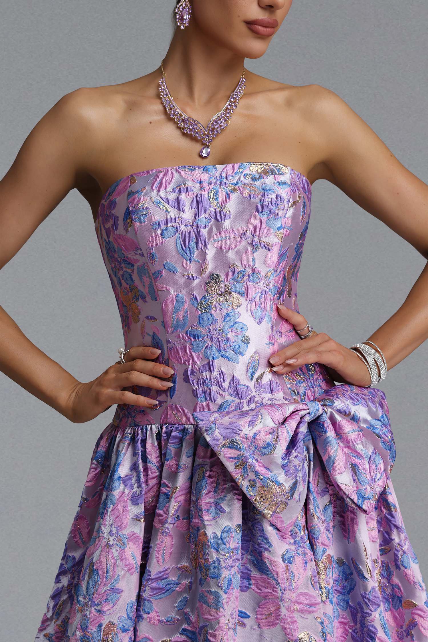Jacey Elegant Waist-Cinching Strapless Jacquard Satin Bow A-Line Maxi Evening Dress
