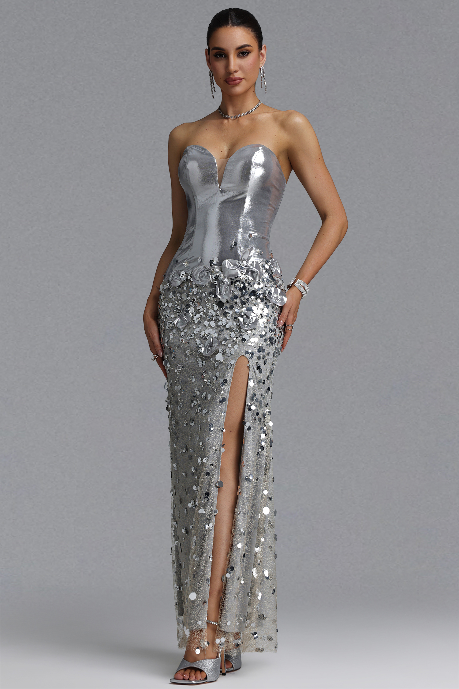 Light Luxury Strapless Metallic Satin 3D Floral Sequin Sheer Mesh High Slit Mermaid Maxi Evening Dress