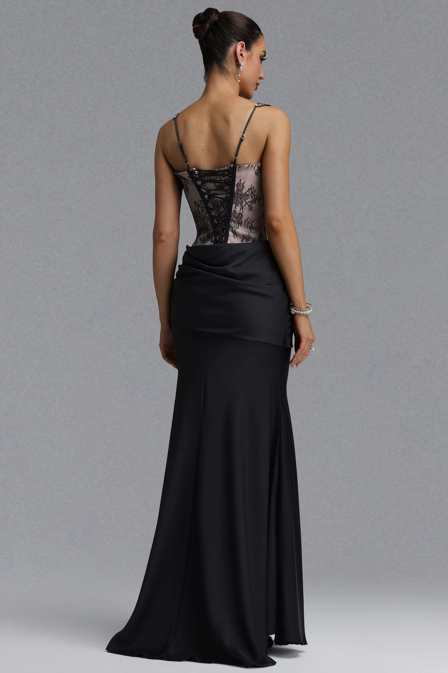 Ferina Romantic Tailored Square Neck Pleated Lace Satin Black Set Maxi Dress