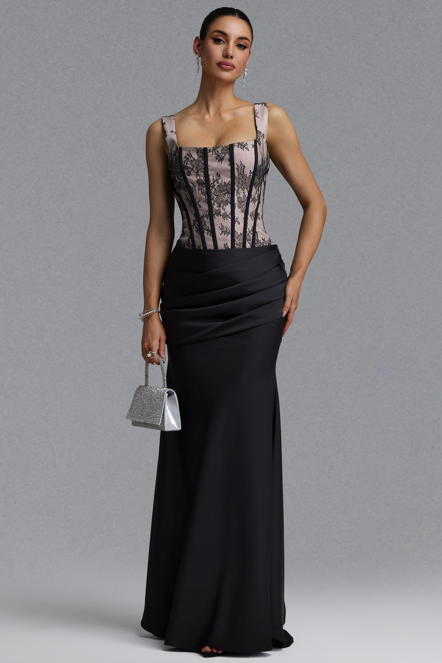 Ferina Romantic Tailored Square Neck Pleated Lace Satin Black Set Maxi Dress