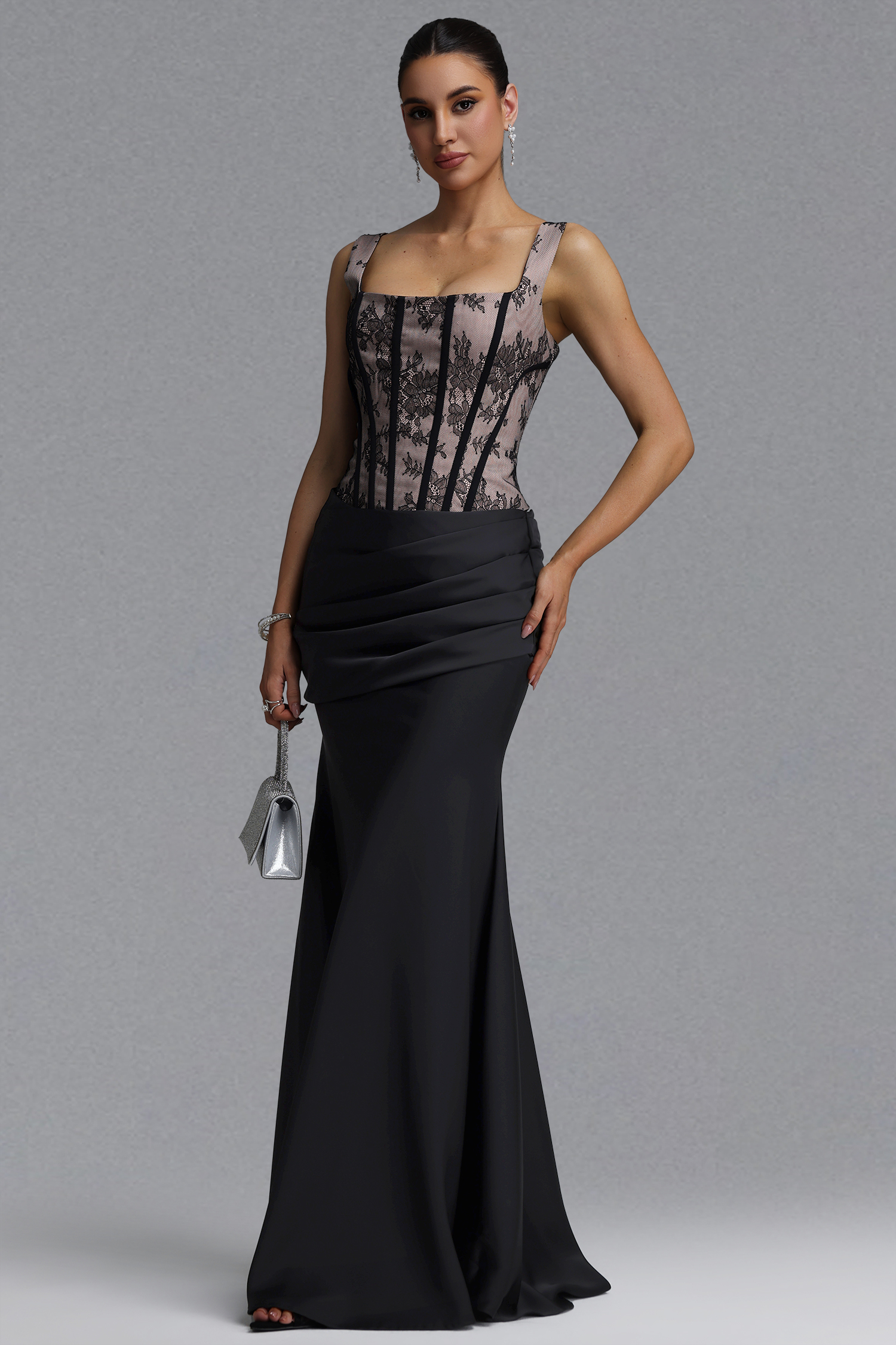 Ferina Romantic Tailored Square Neck Pleated Lace Satin Black Set Maxi Dress