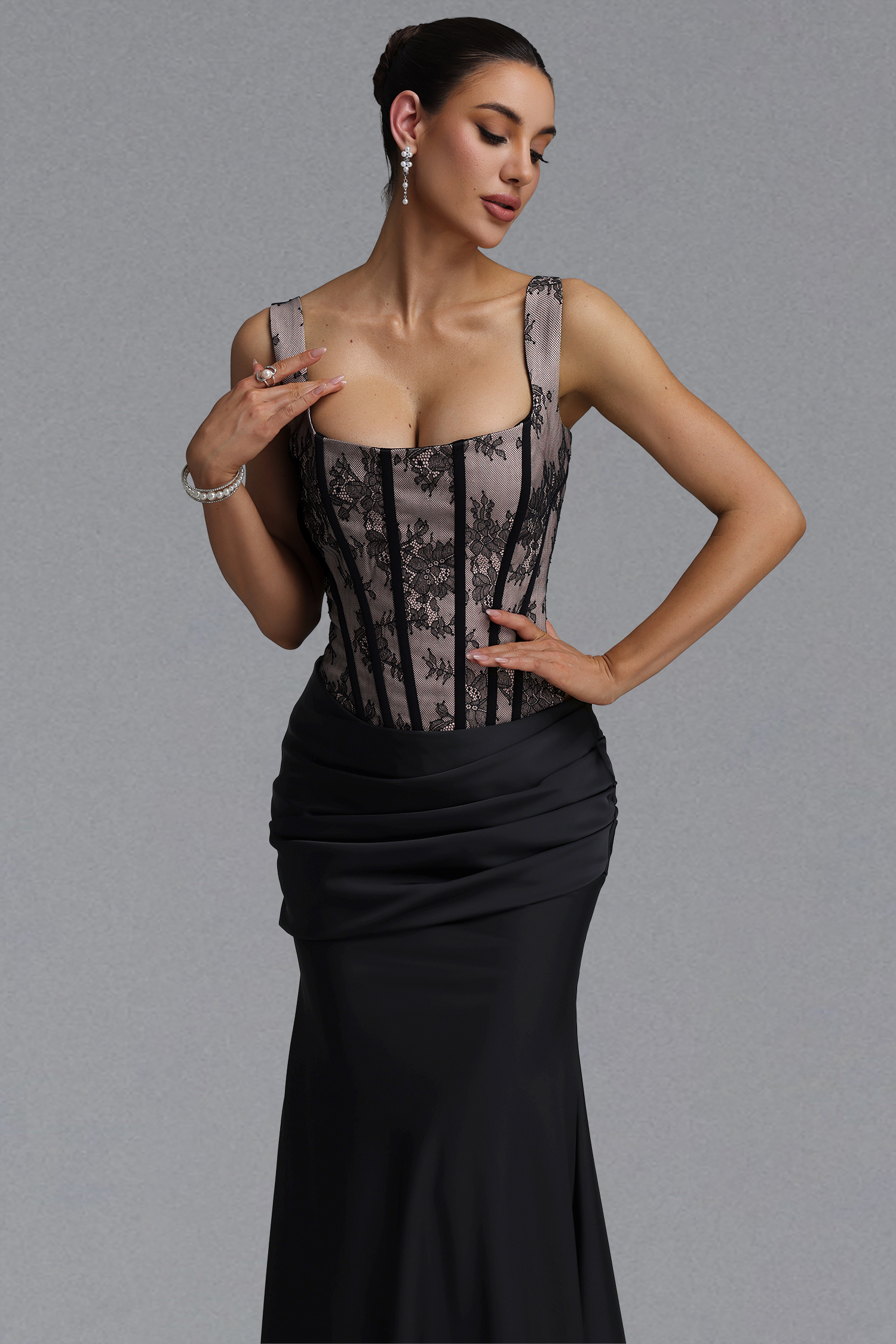 Ferina Romantic Tailored Square Neck Pleated Lace Satin Black Set Maxi Dress