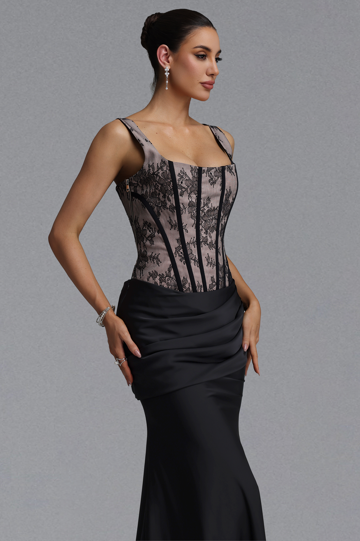 Ferina Romantic Tailored Square Neck Pleated Lace Satin Black Set Maxi Dress