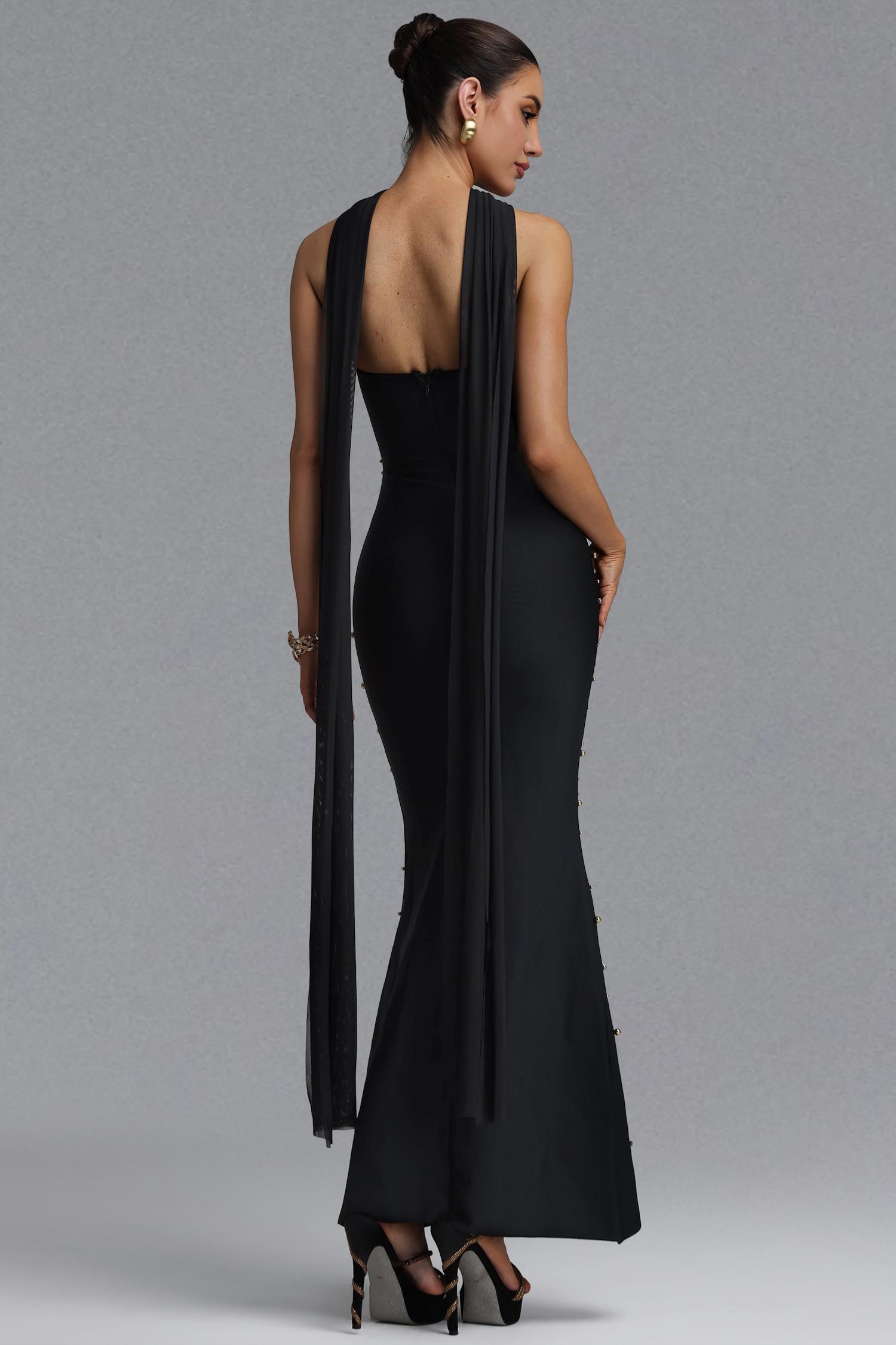 Monica Light Luxury Slim Strapless Ribbon Gold Silver Pearl Bandage Midi Evening Dress