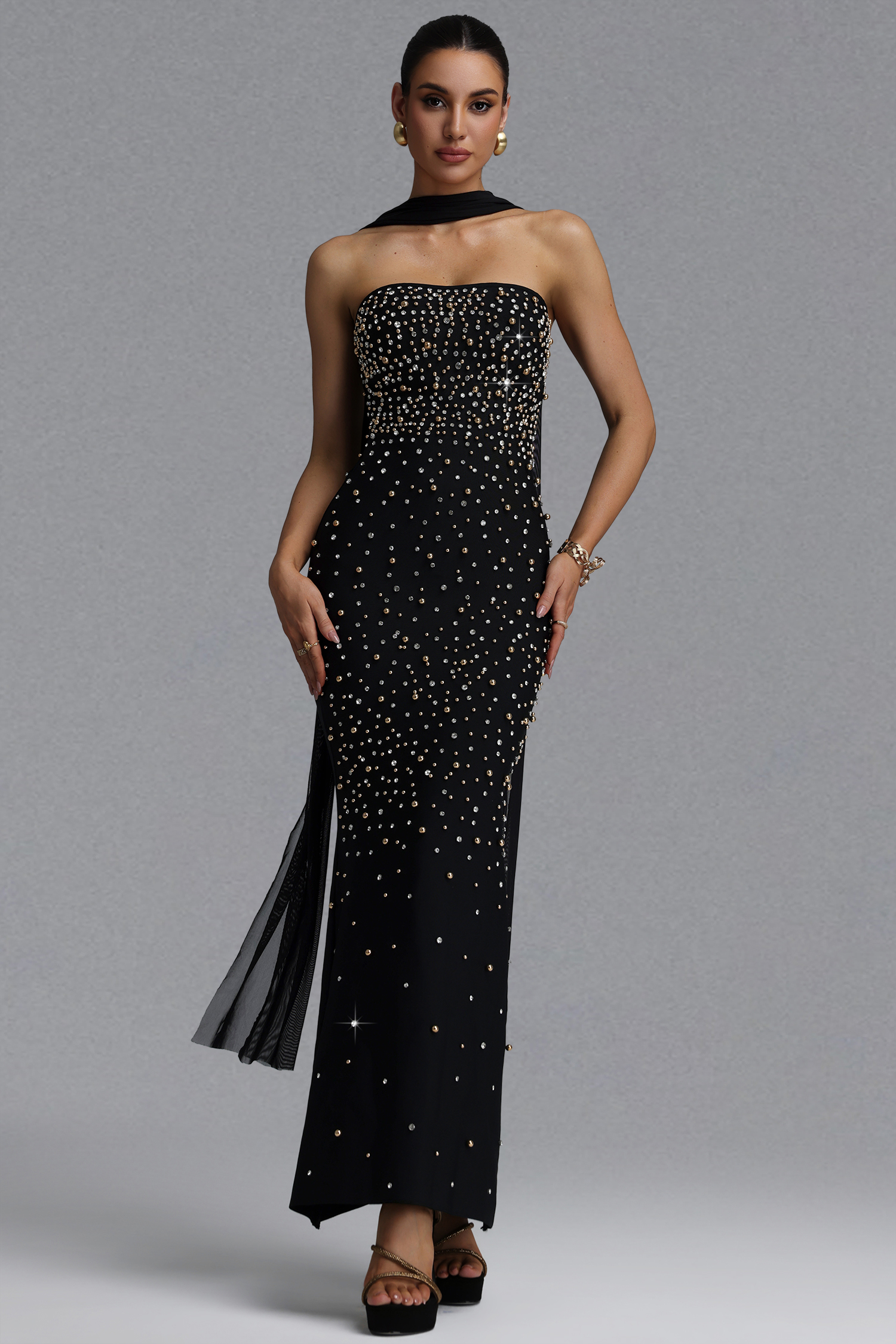 Monica Light Luxury Slim Strapless Ribbon Gold Silver Pearl Bandage Midi Evening Dress