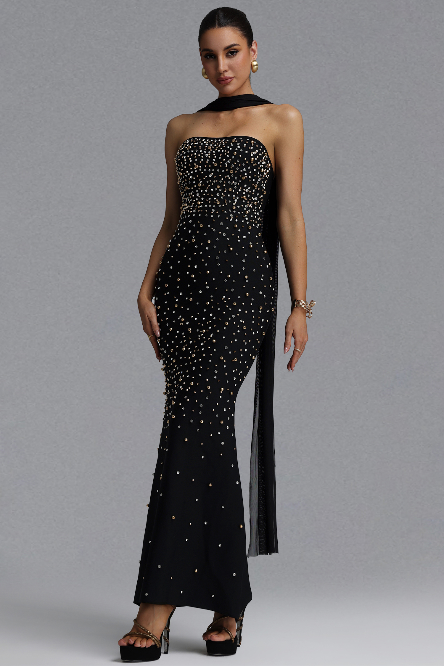 Monica Light Luxury Slim Strapless Ribbon Gold Silver Pearl Bandage Midi Evening Dress