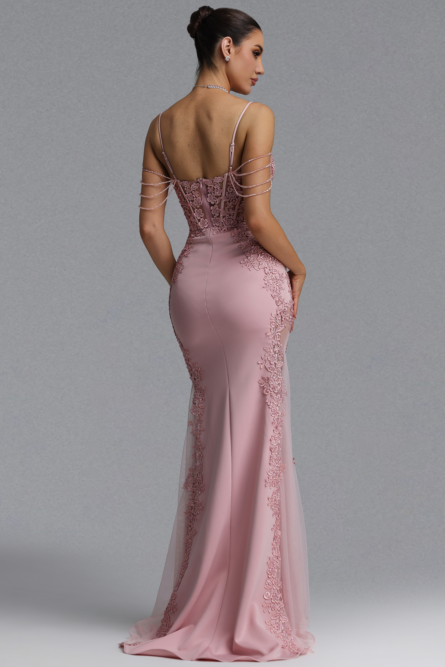 Encho Elegant Waist-Cinching Thin Strap V-Neck Off-Shoulder Tassel Lace Floral Mesh Bodycon Mermaid Maxi Evening Dress