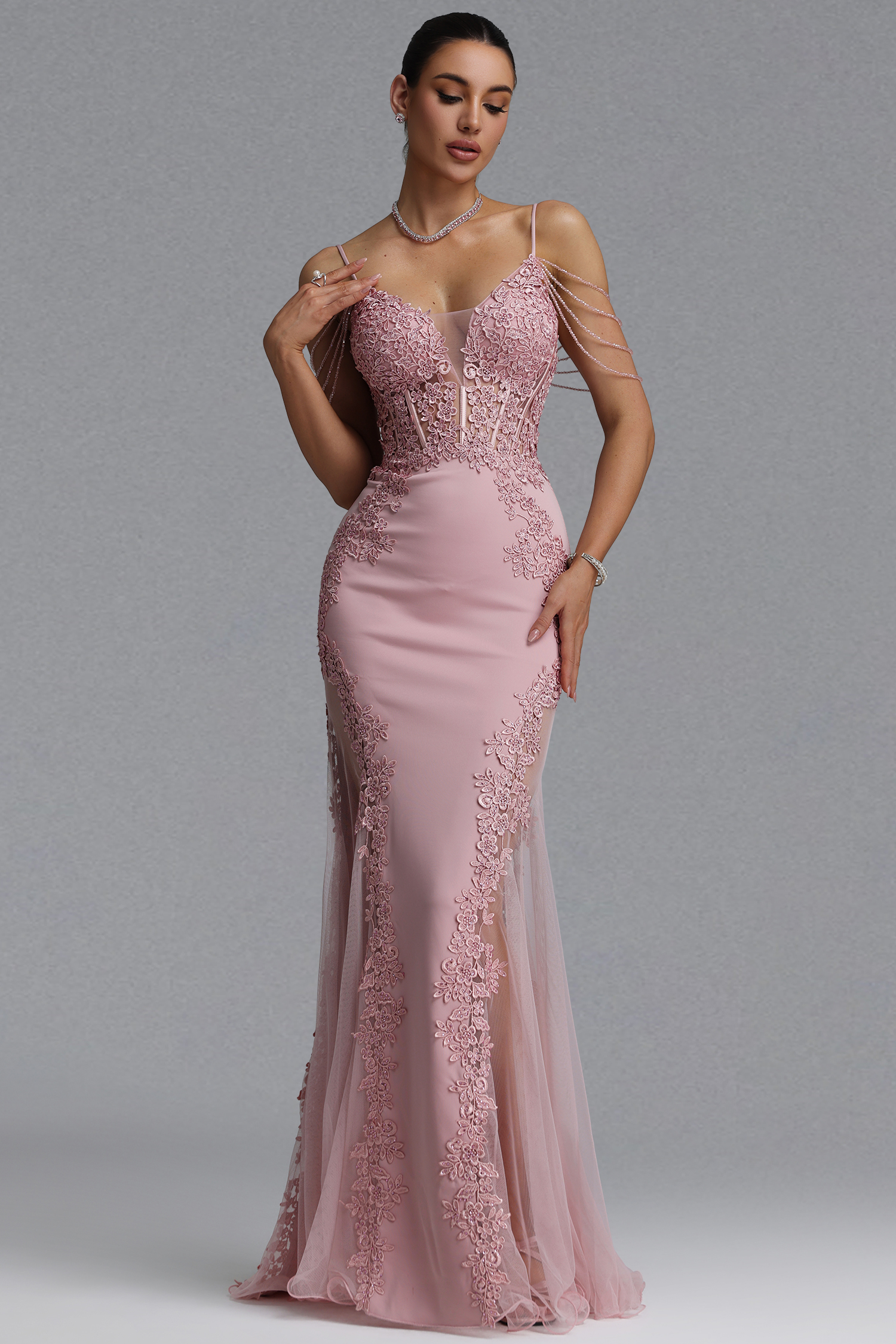 Encho Elegant Waist-Cinching Thin Strap V-Neck Off-Shoulder Tassel Lace Floral Mesh Bodycon Mermaid Maxi Evening Dress