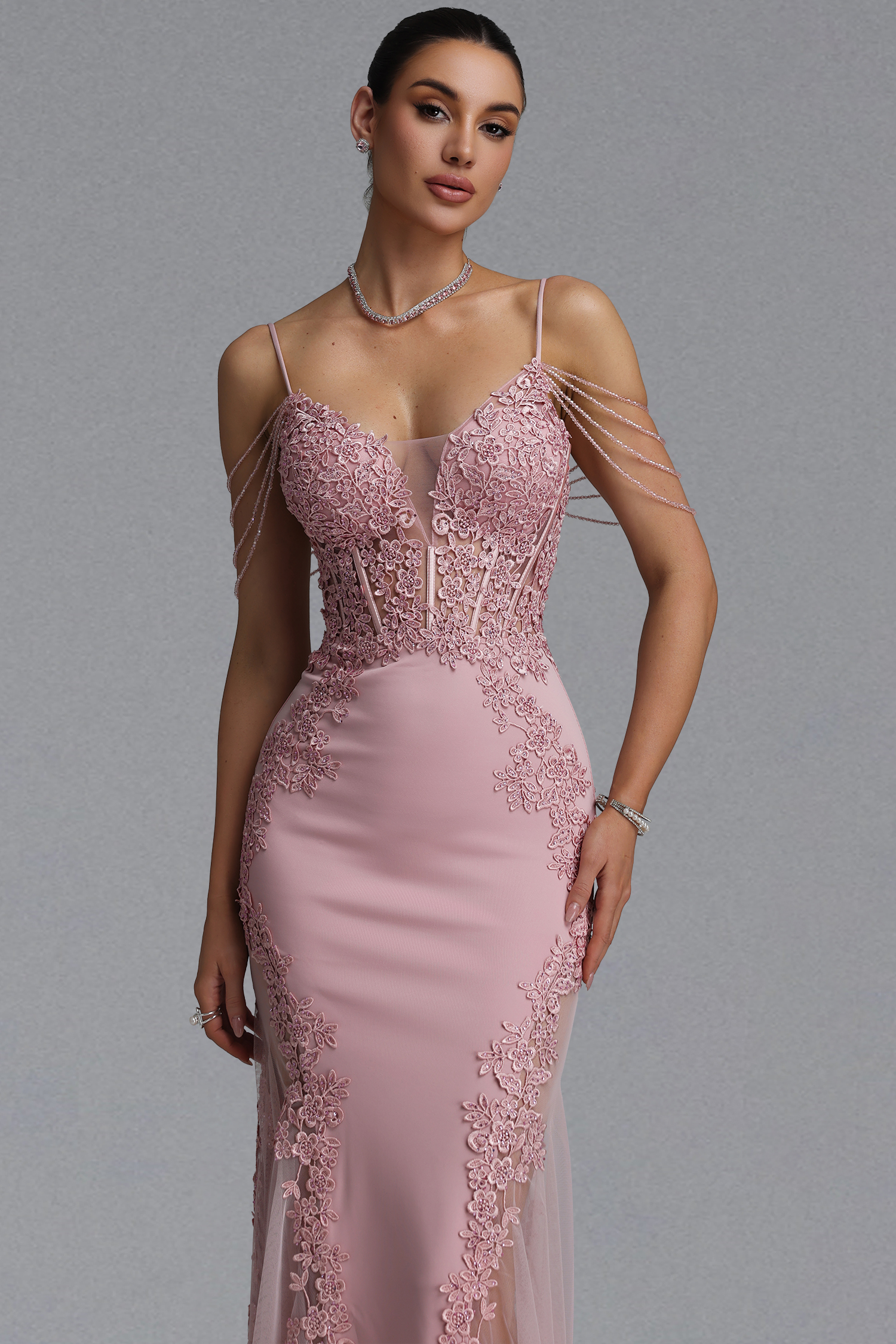 Encho Elegant Waist-Cinching Thin Strap V-Neck Off-Shoulder Tassel Lace Floral Mesh Bodycon Mermaid Maxi Evening Dress