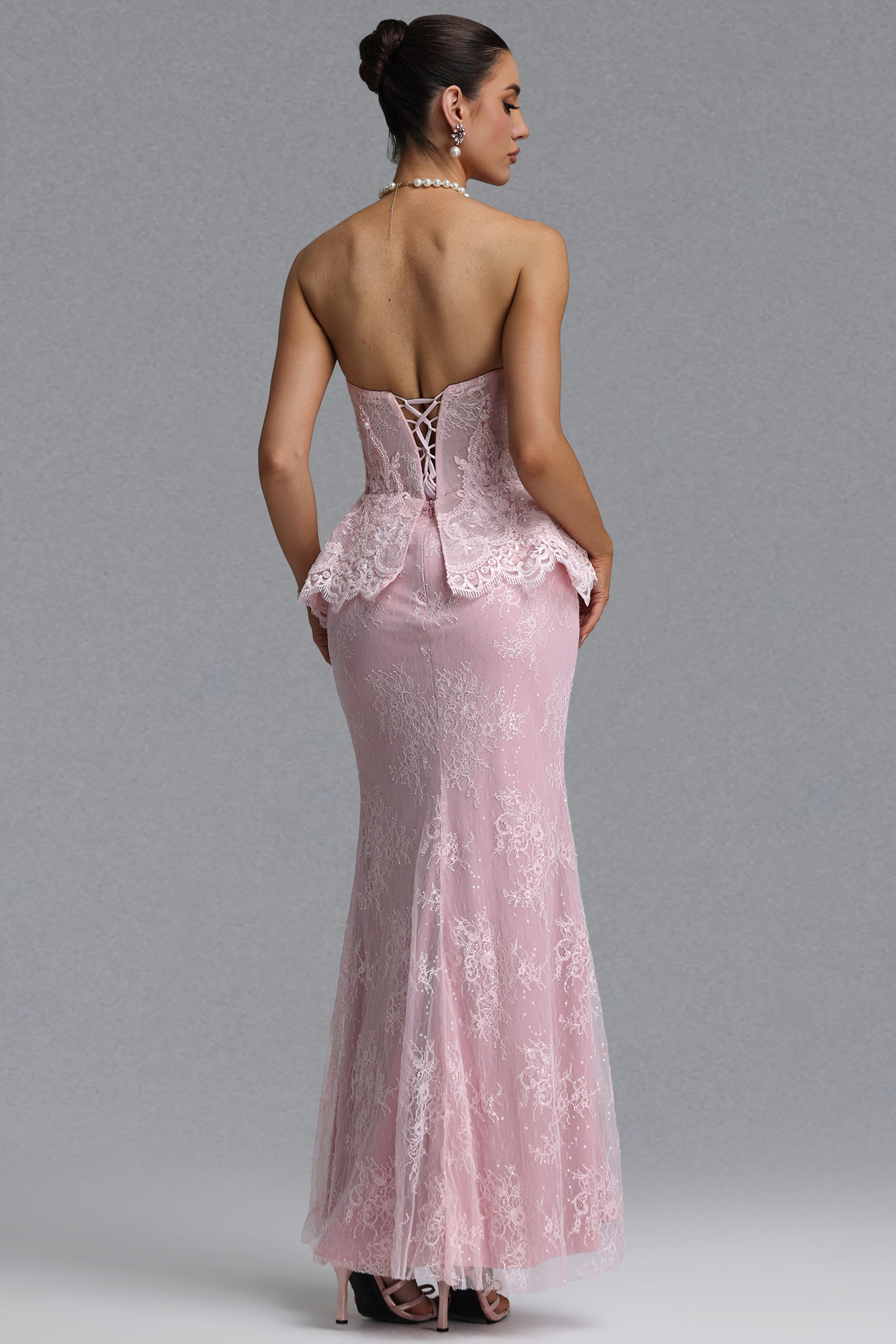 Maci Elegant Waist-Cinching Strapless Ruffle Hem Lace Beaded Embroidery Bodycon Mermaid Maxi Evening Dress