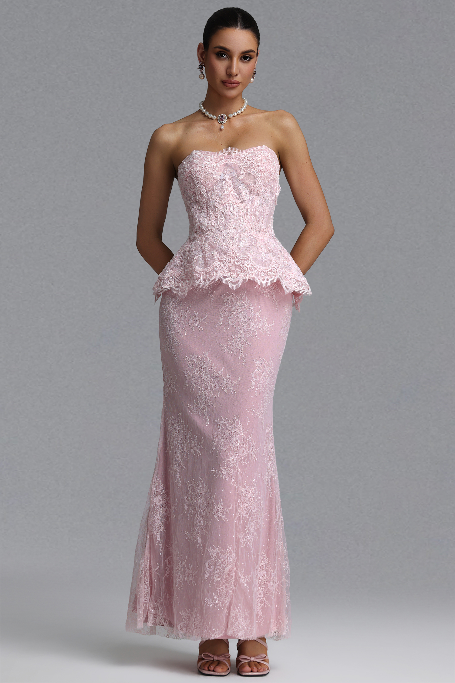 Maci Elegant Waist-Cinching Strapless Ruffle Hem Lace Beaded Embroidery Bodycon Mermaid Maxi Evening Dress