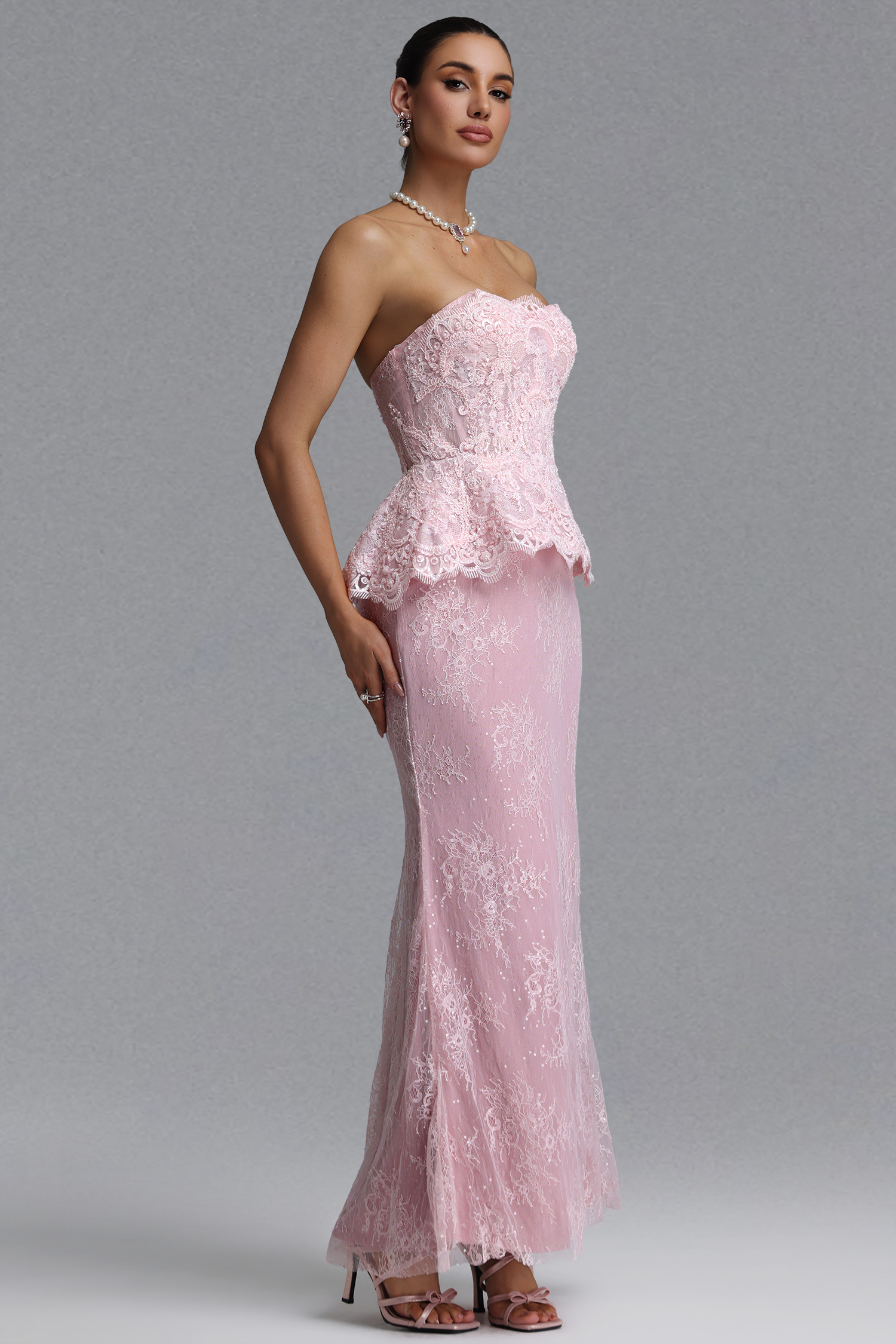 Maci Elegant Waist-Cinching Strapless Ruffle Hem Lace Beaded Embroidery Bodycon Mermaid Maxi Evening Dress