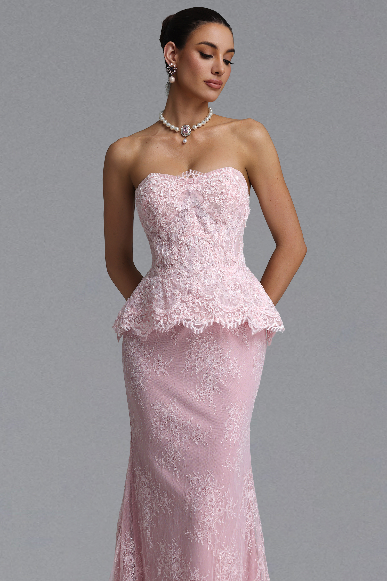 Maci Elegant Waist-Cinching Strapless Ruffle Hem Lace Beaded Embroidery Bodycon Mermaid Maxi Evening Dress