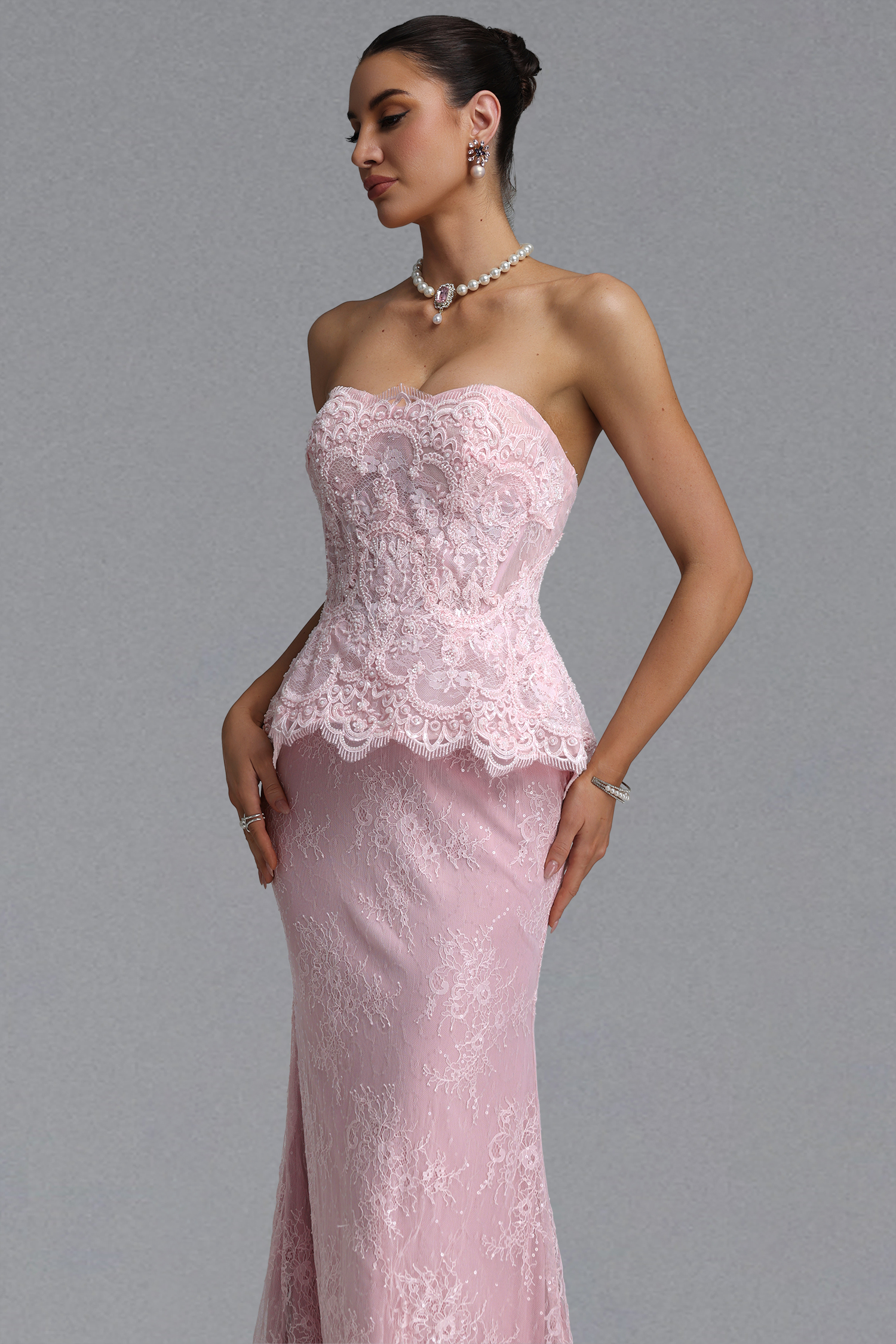 Maci Elegant Waist-Cinching Strapless Ruffle Hem Lace Beaded Embroidery Bodycon Mermaid Maxi Evening Dress