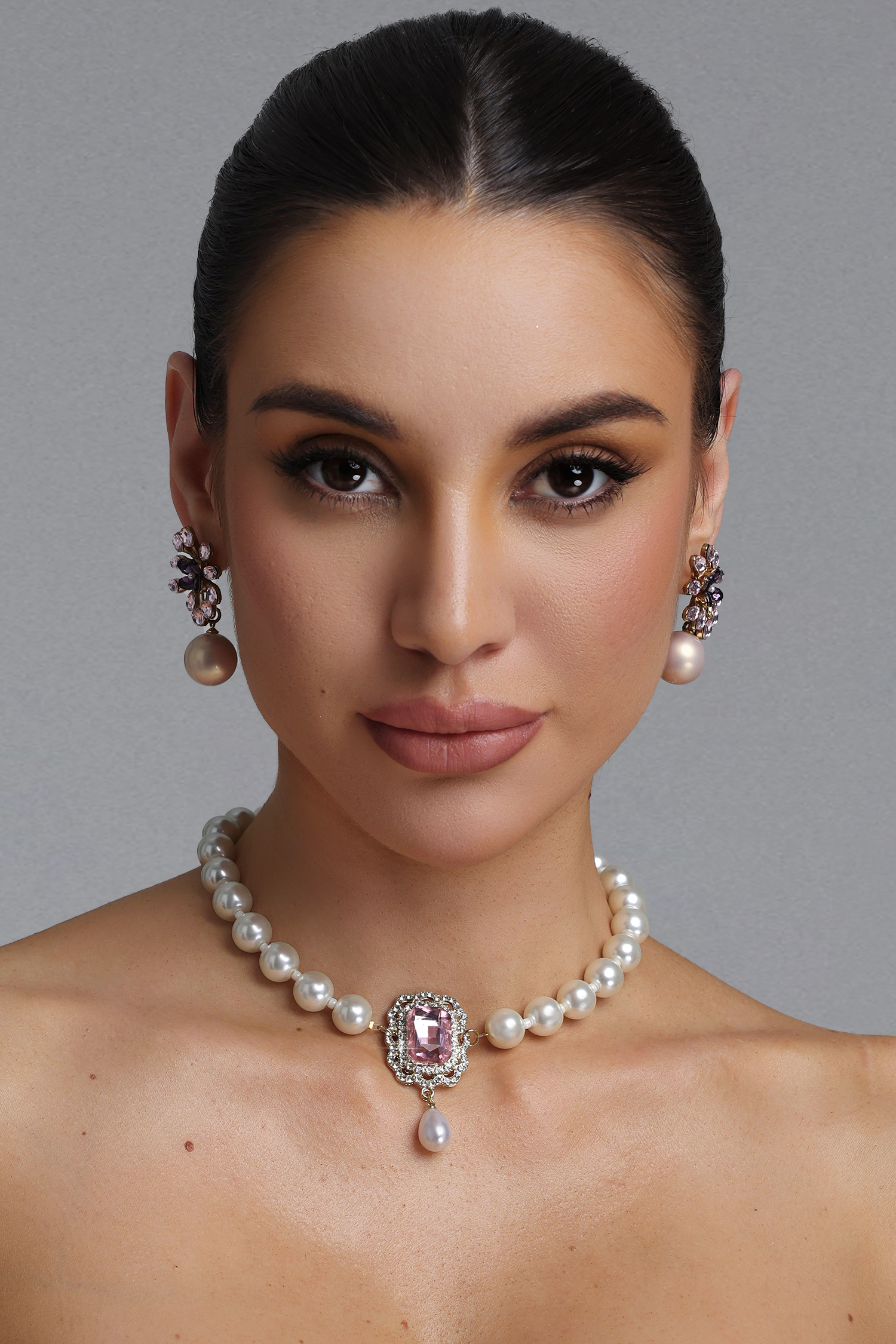 Tinsley French Vintage Square Pink Diamond Drop Pearl Choker