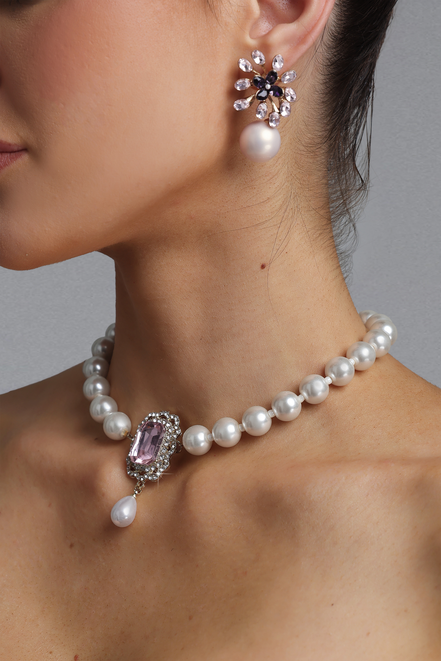 Tinsley French Vintage Square Pink Diamond Drop Pearl Choker
