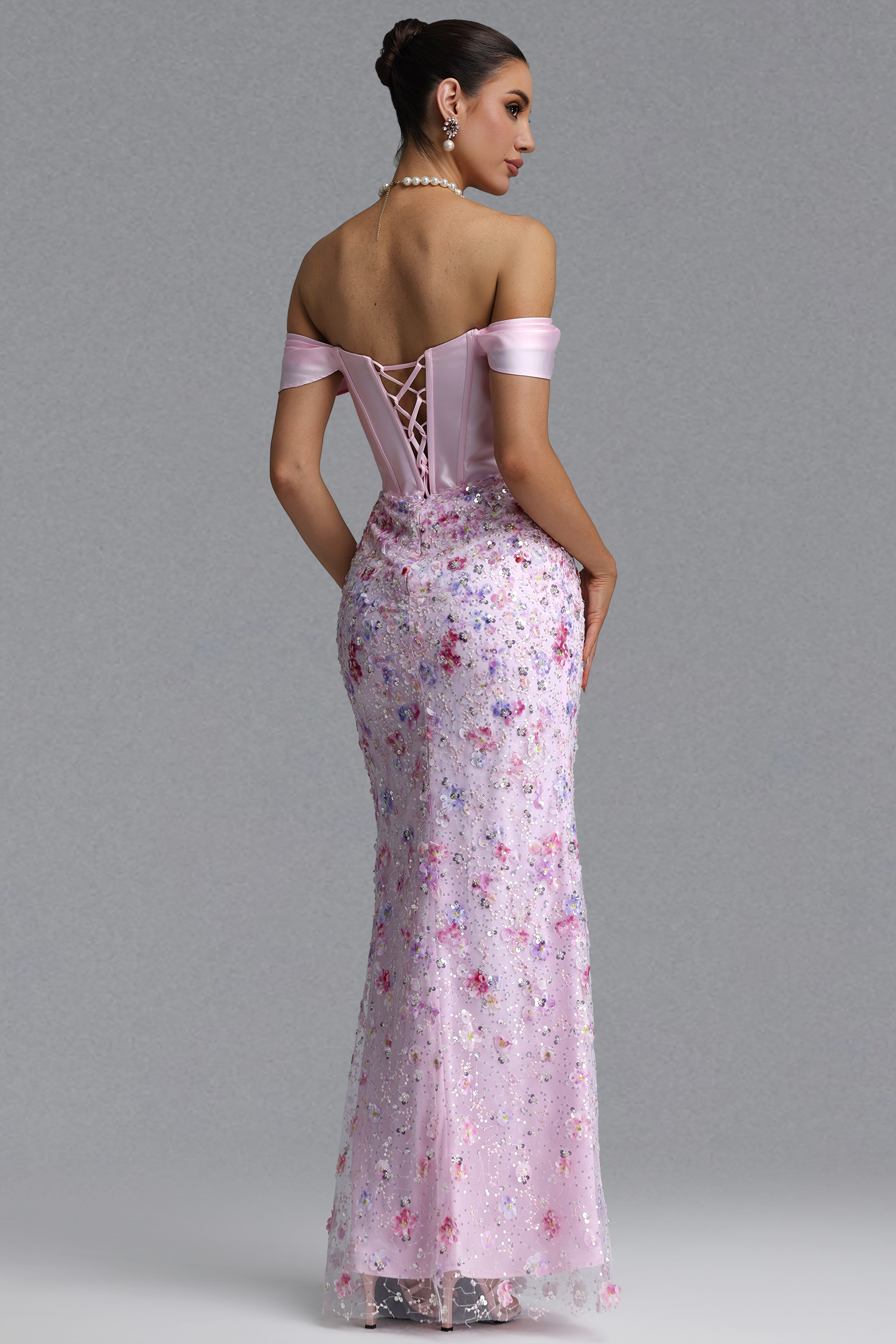 Enya Elegant Waist-Cinching Off Shoulder Satin Bow Boned Floral Print Sequin Sheer Mesh High Slit Mermaid Maxi Evening Dress