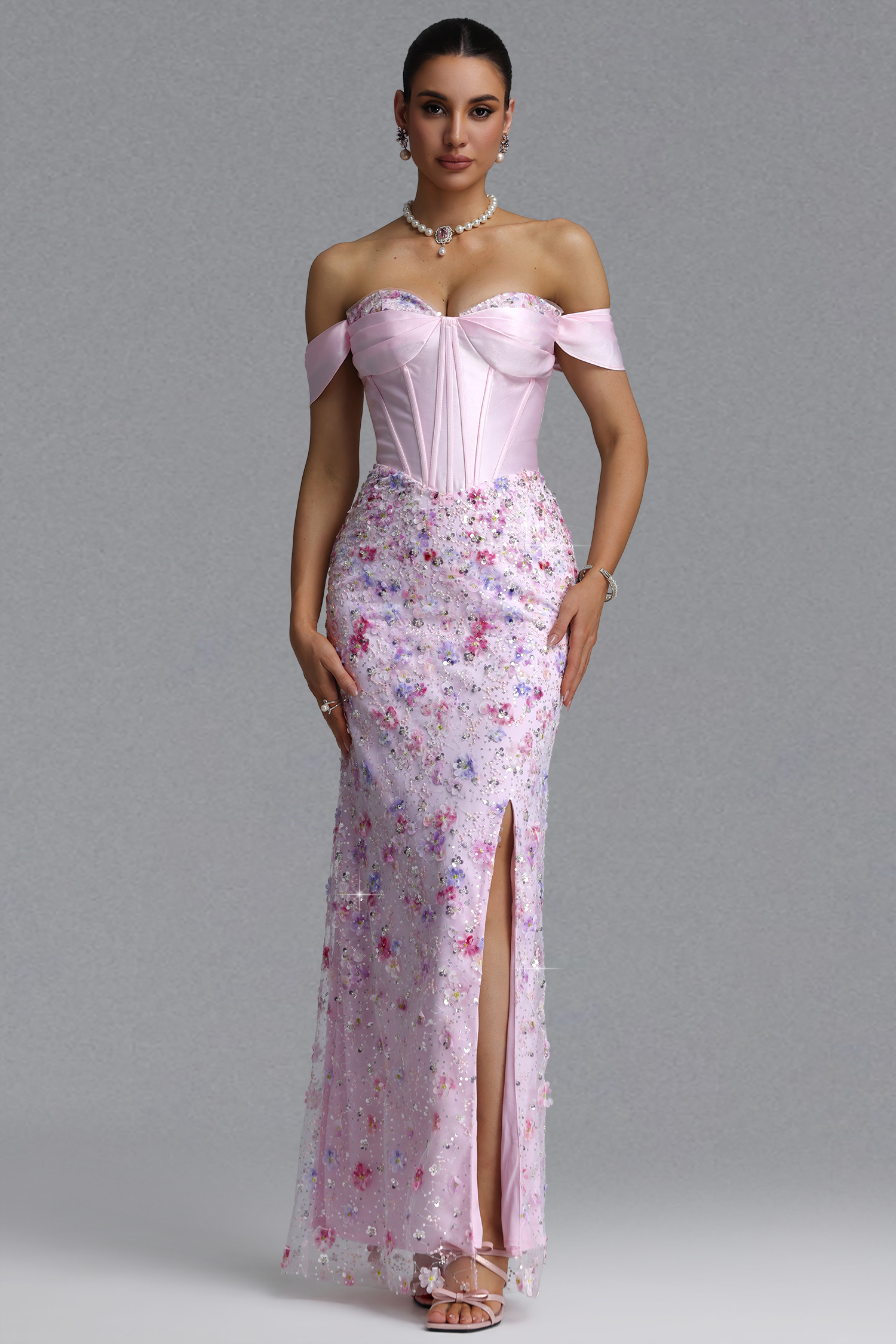 Enya Elegant Waist-Cinching Off Shoulder Satin Bow Boned Floral Print Sequin Sheer Mesh High Slit Mermaid Maxi Evening Dress