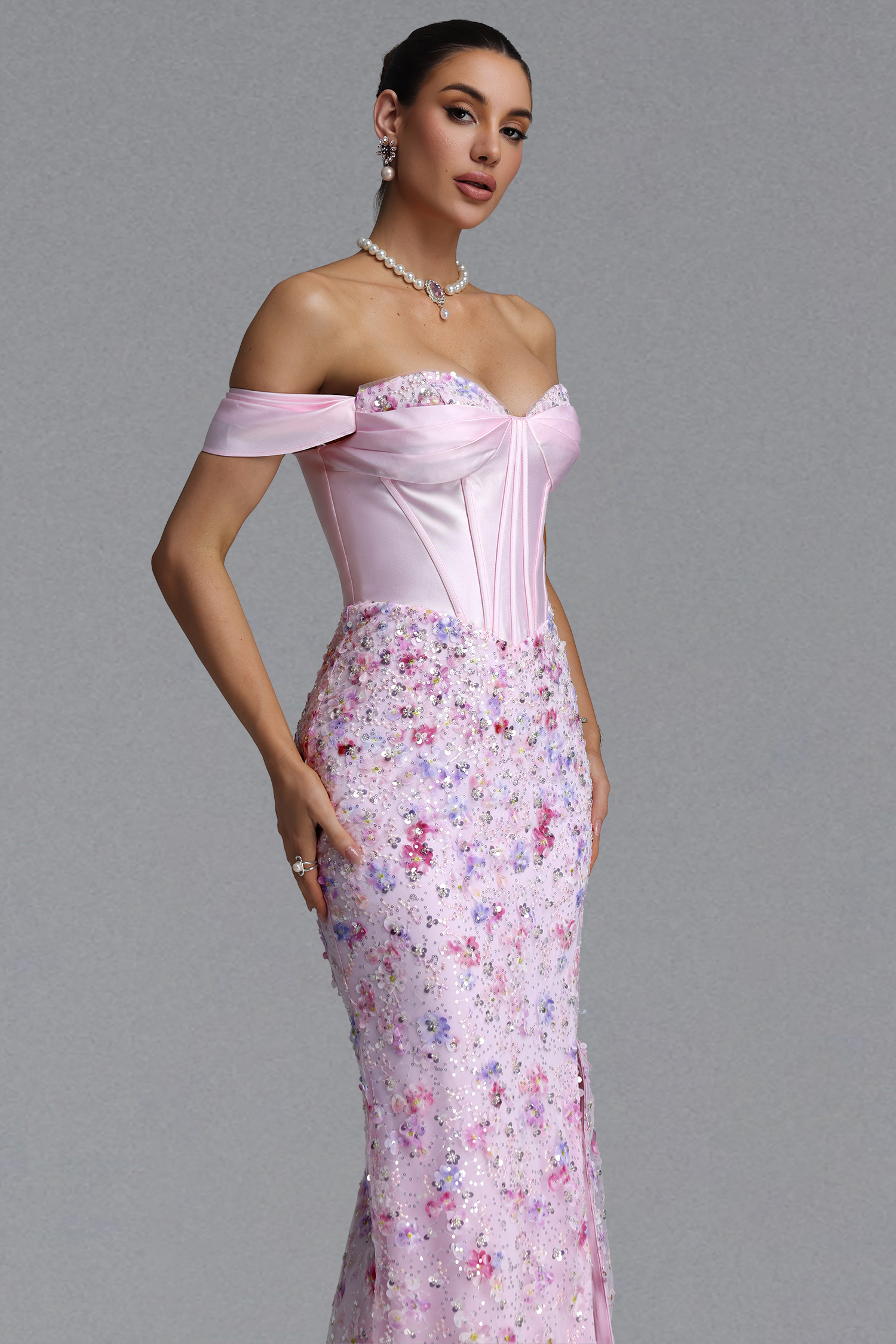 Enya Elegant Waist-Cinching Off Shoulder Satin Bow Boned Floral Print Sequin Sheer Mesh High Slit Mermaid Maxi Evening Dress