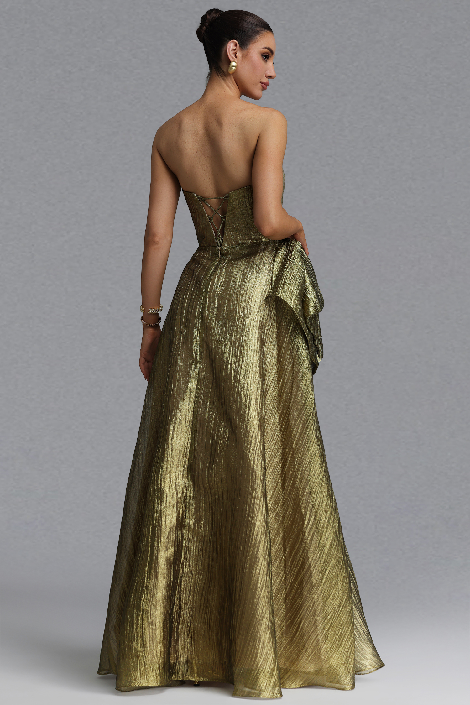 Petra Elegant Waist-Cinching Strapless Bow Ruched Metallic Shine Full A-Line Maxi Evening Dress