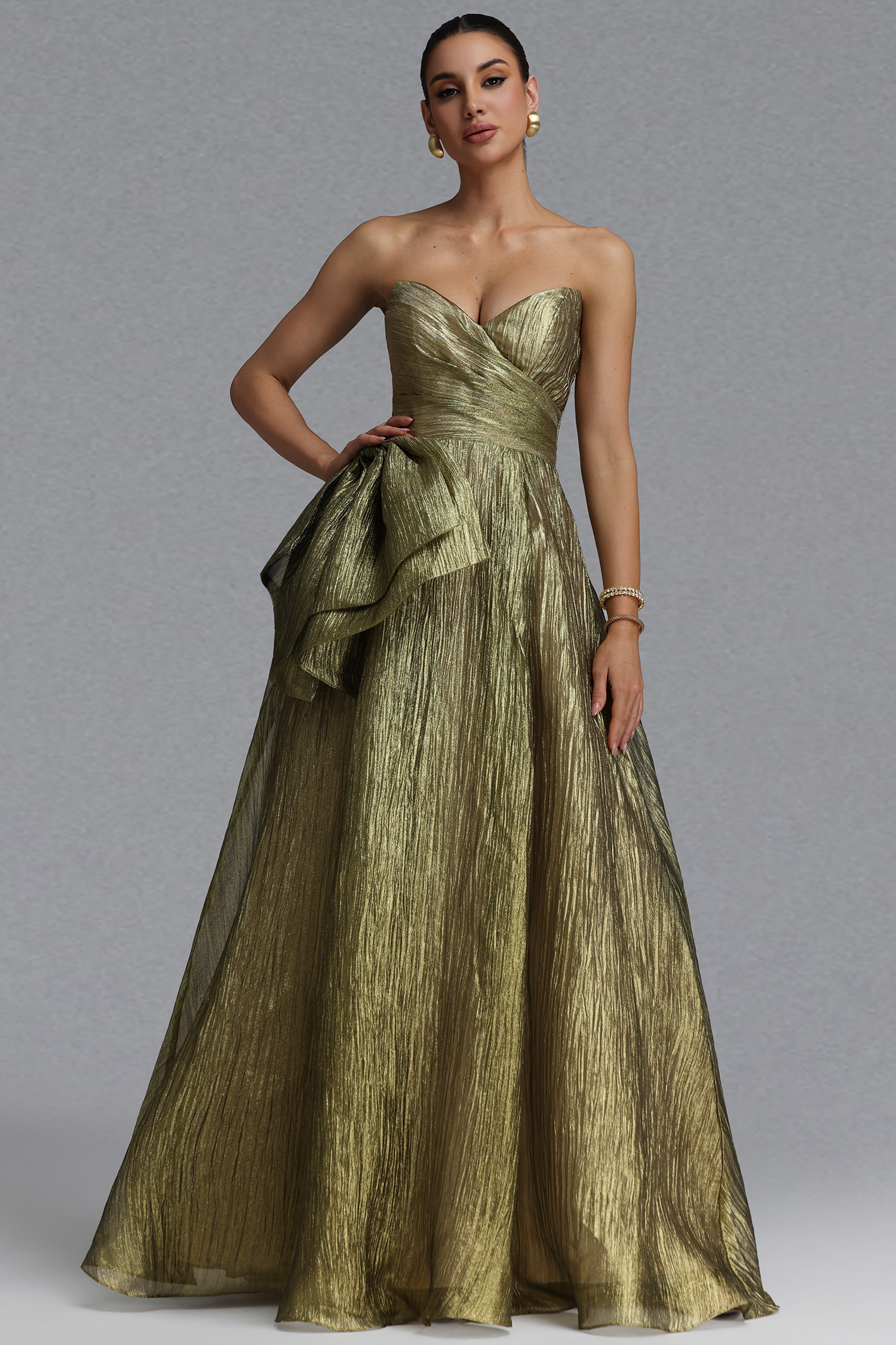 Petra Elegant Waist-Cinching Strapless Bow Ruched Metallic Shine Full A-Line Maxi Evening Dress