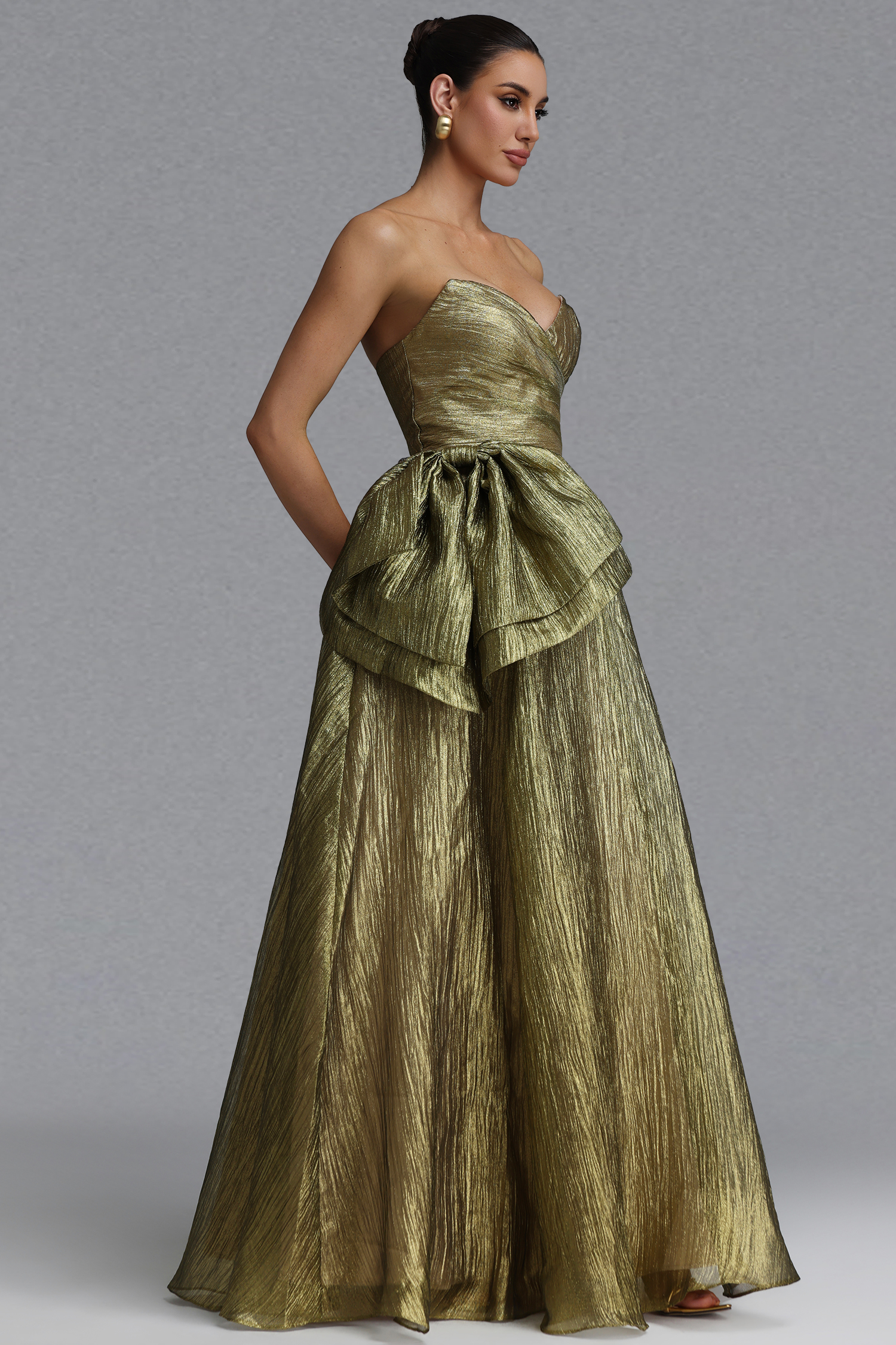 Petra Elegant Waist-Cinching Strapless Bow Ruched Metallic Shine Full A-Line Maxi Evening Dress