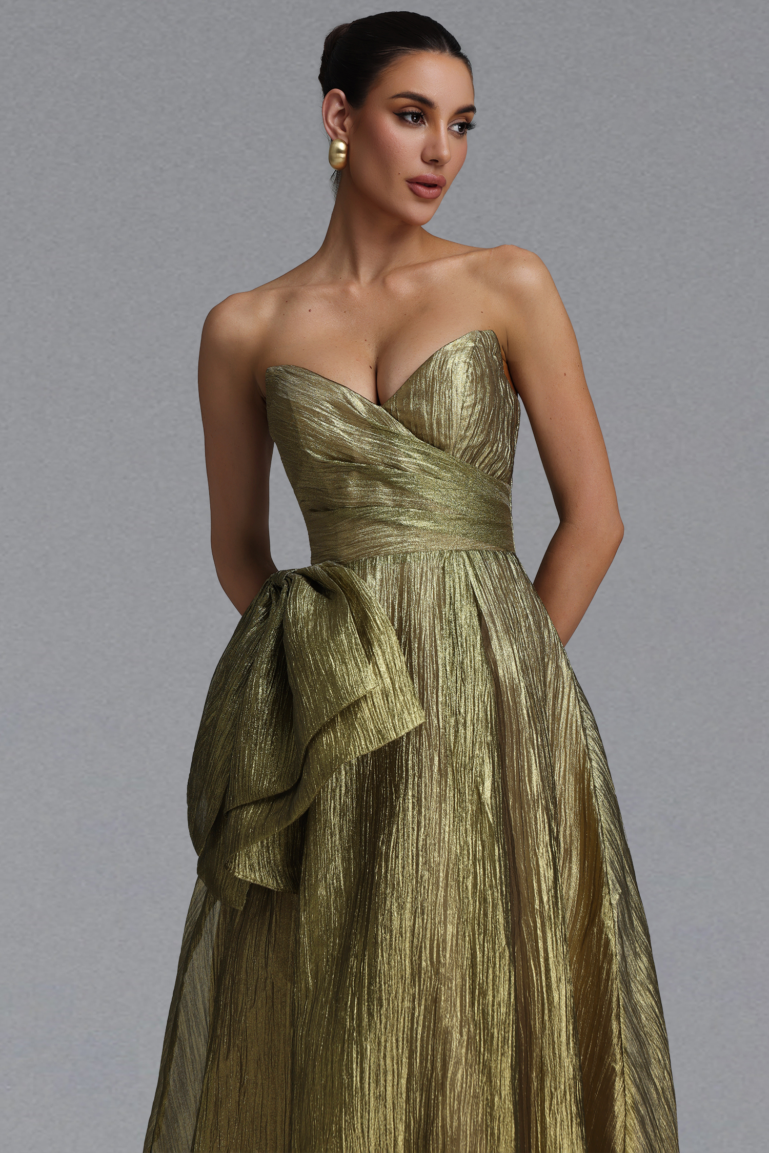 Petra Elegant Waist-Cinching Strapless Bow Ruched Metallic Shine Full A-Line Maxi Evening Dress