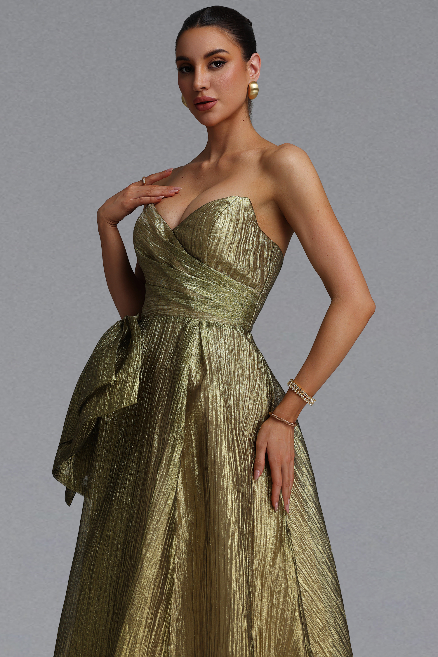 Petra Elegant Waist-Cinching Strapless Bow Ruched Metallic Shine Full A-Line Maxi Evening Dress