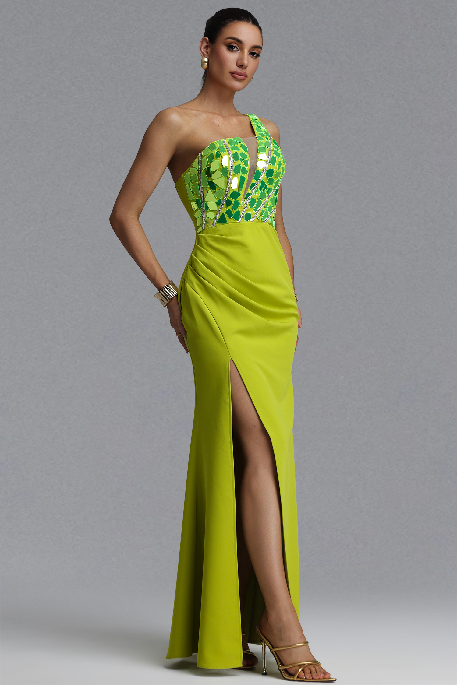 Kyli Fashion Slim One Shoulder Mirror Pleated Maxi Dress