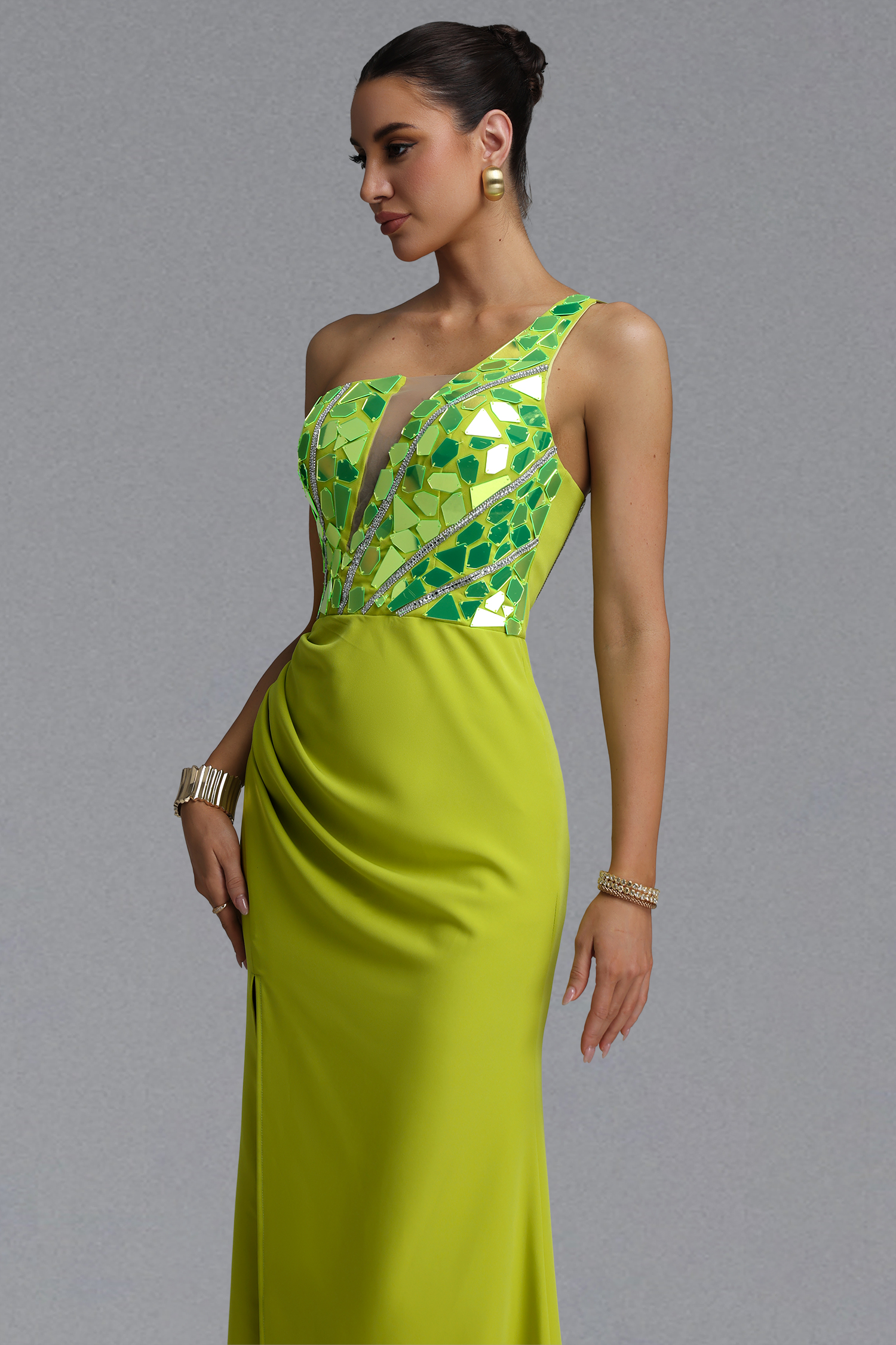 Kyli Fashion Slim One Shoulder Mirror Pleated Maxi Dress