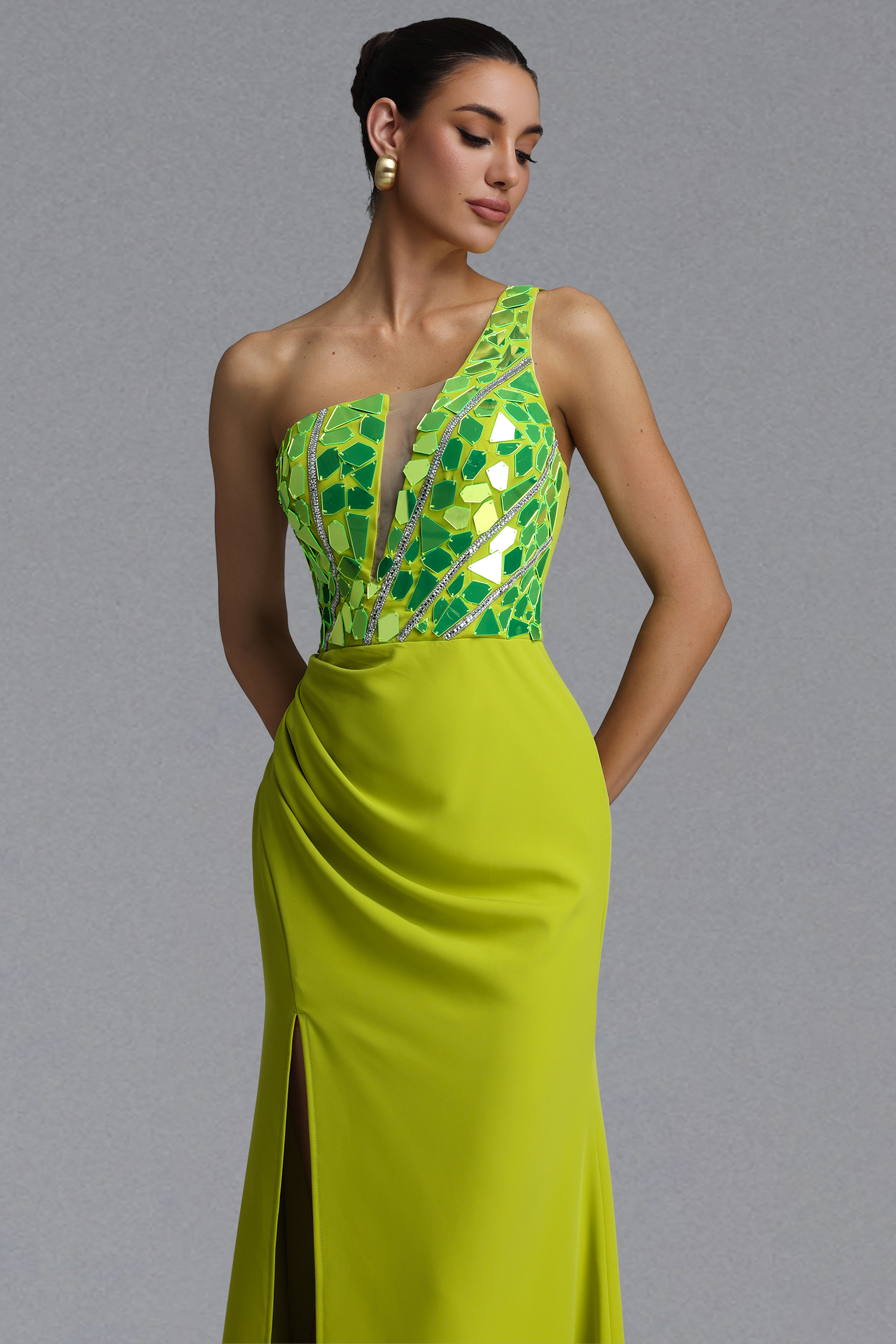 Kyli Fashion Slim One Shoulder Mirror Pleated Maxi Dress