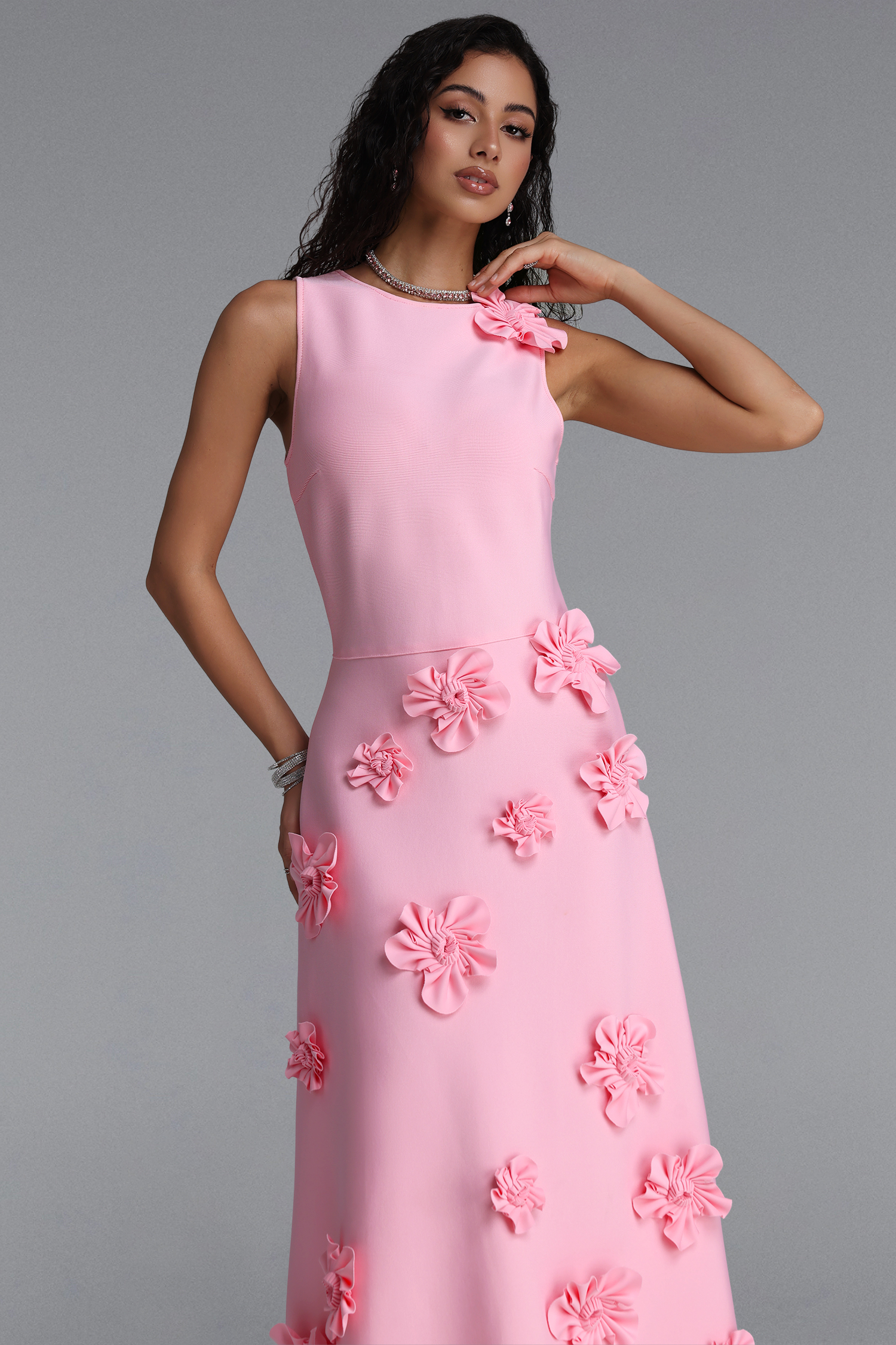 Melisa Elegant Sleeveless Floral Bandage Midi Dress