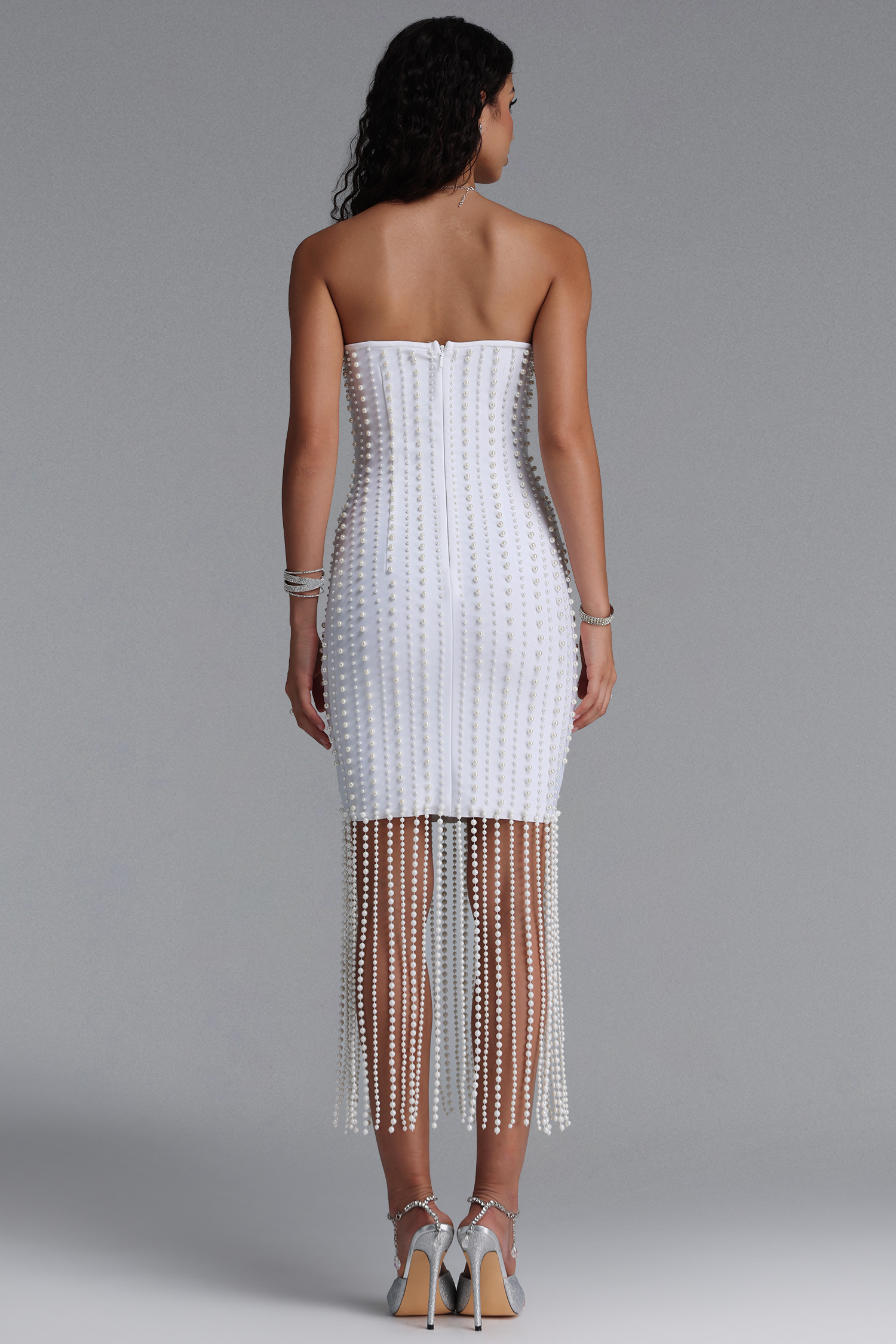 Sparkly Luxury Strapless Pearl Fringe Bandage White Midi Dress