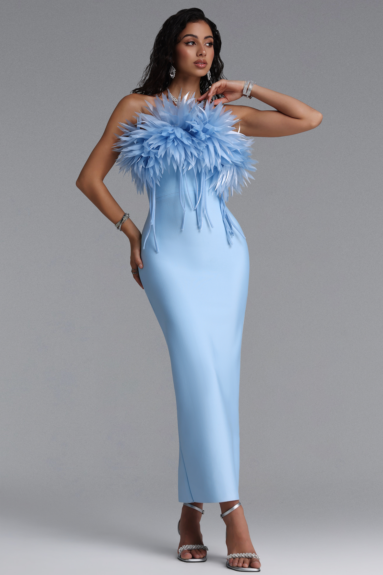 Wenie Gentle Feather Off Shoulder Tassel Bandage Maxi Dress