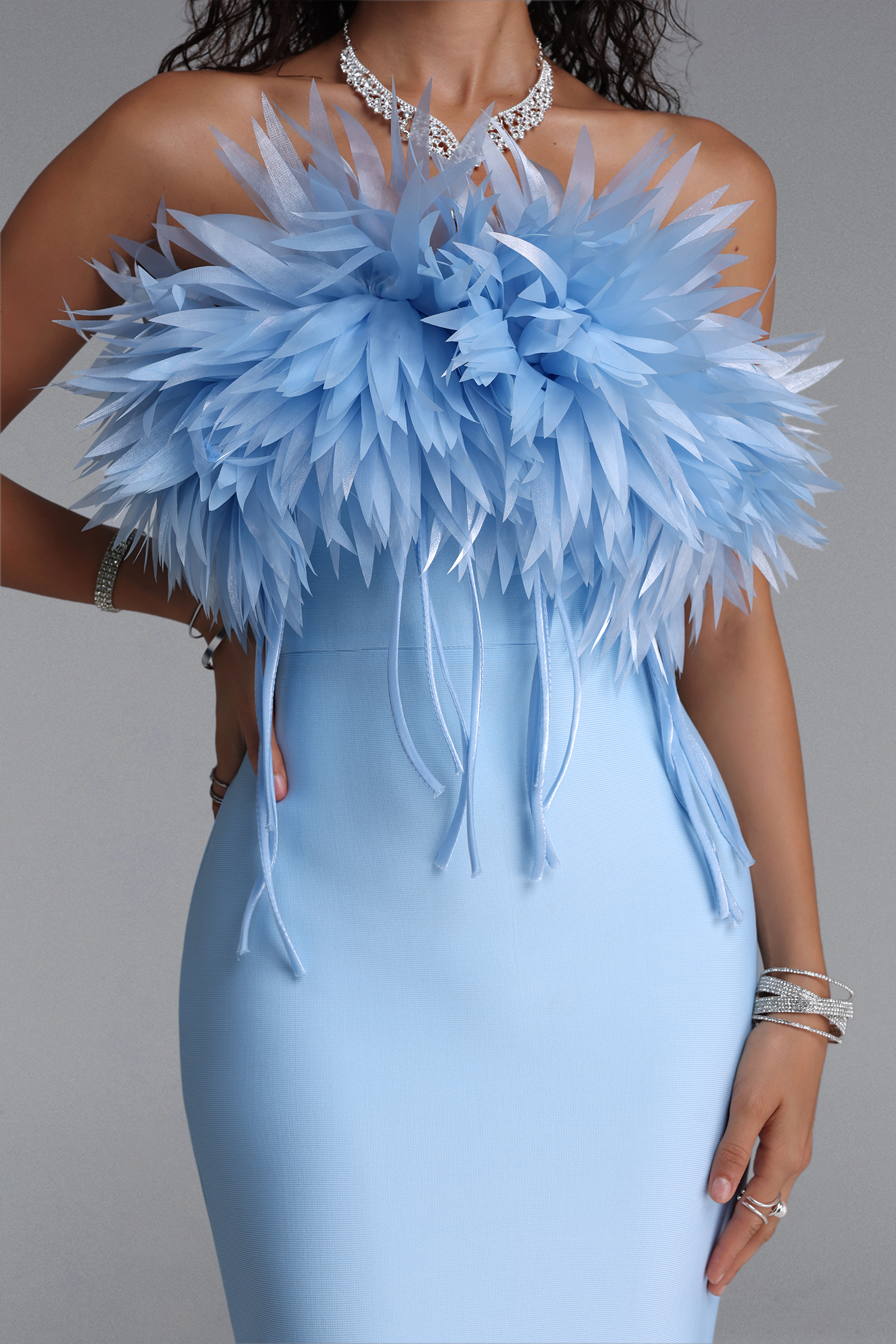 Wenie Gentle Feather Off Shoulder Tassel Bandage Maxi Dress
