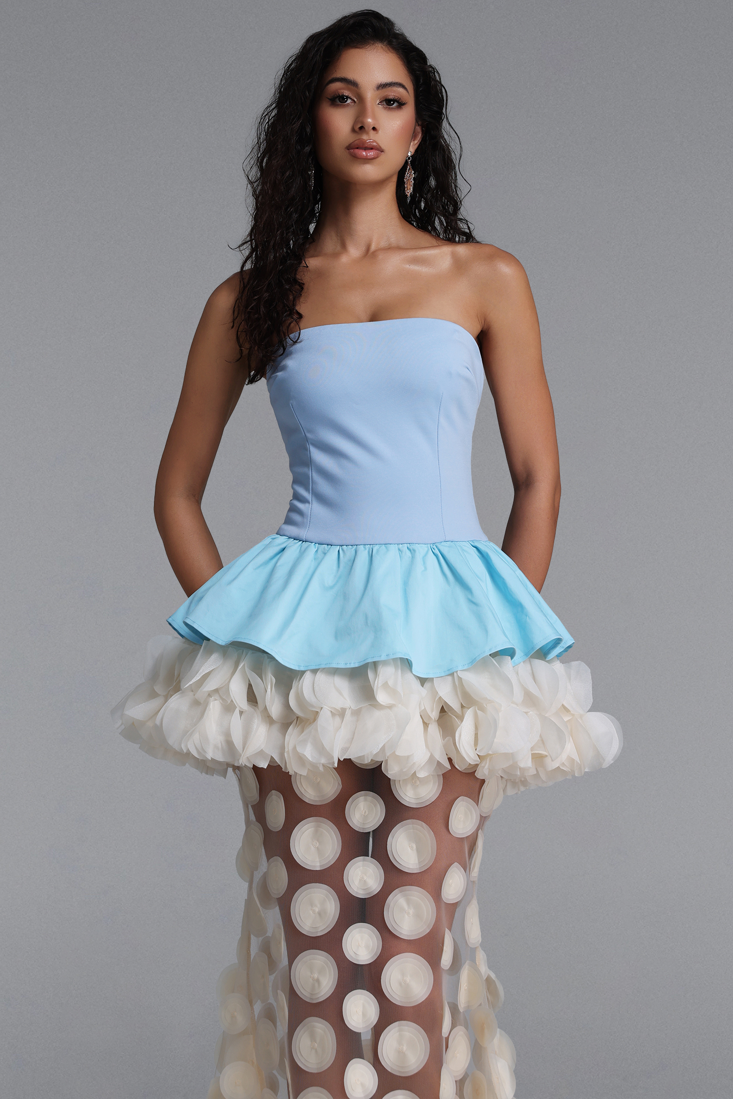 Johanne Elegant Contour Strapless Ruffle Contrast Blue Maxi Dress
