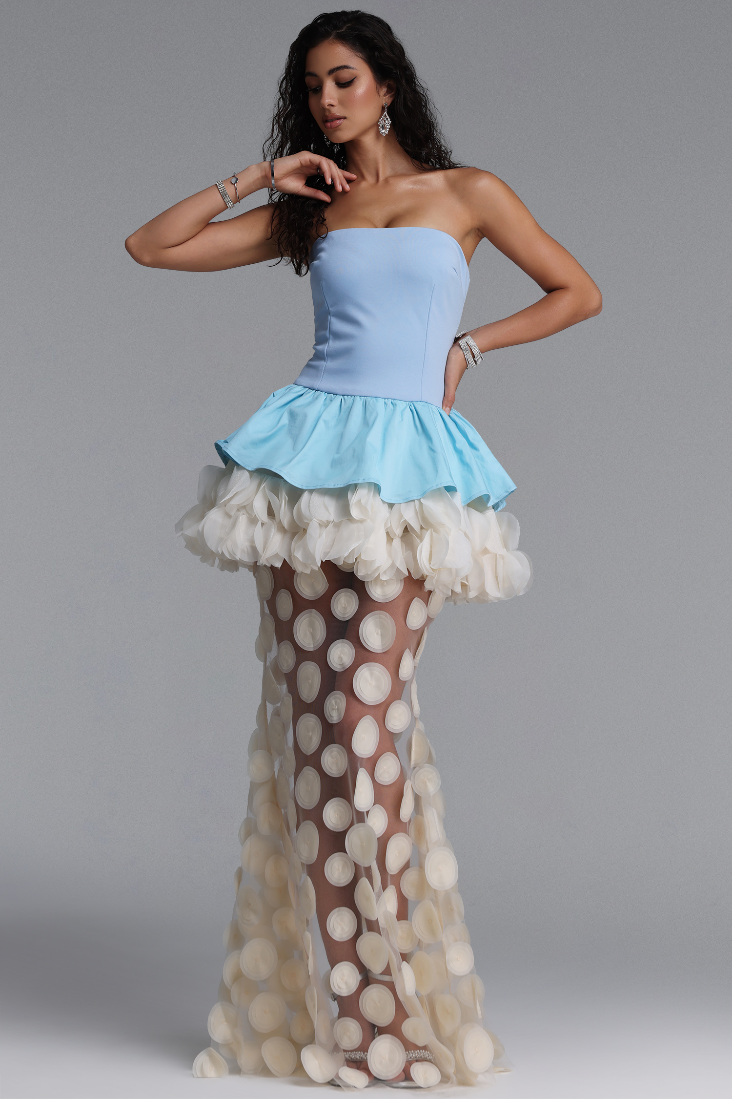 Johanne Elegant Contour Strapless Ruffle Contrast Blue Maxi Dress