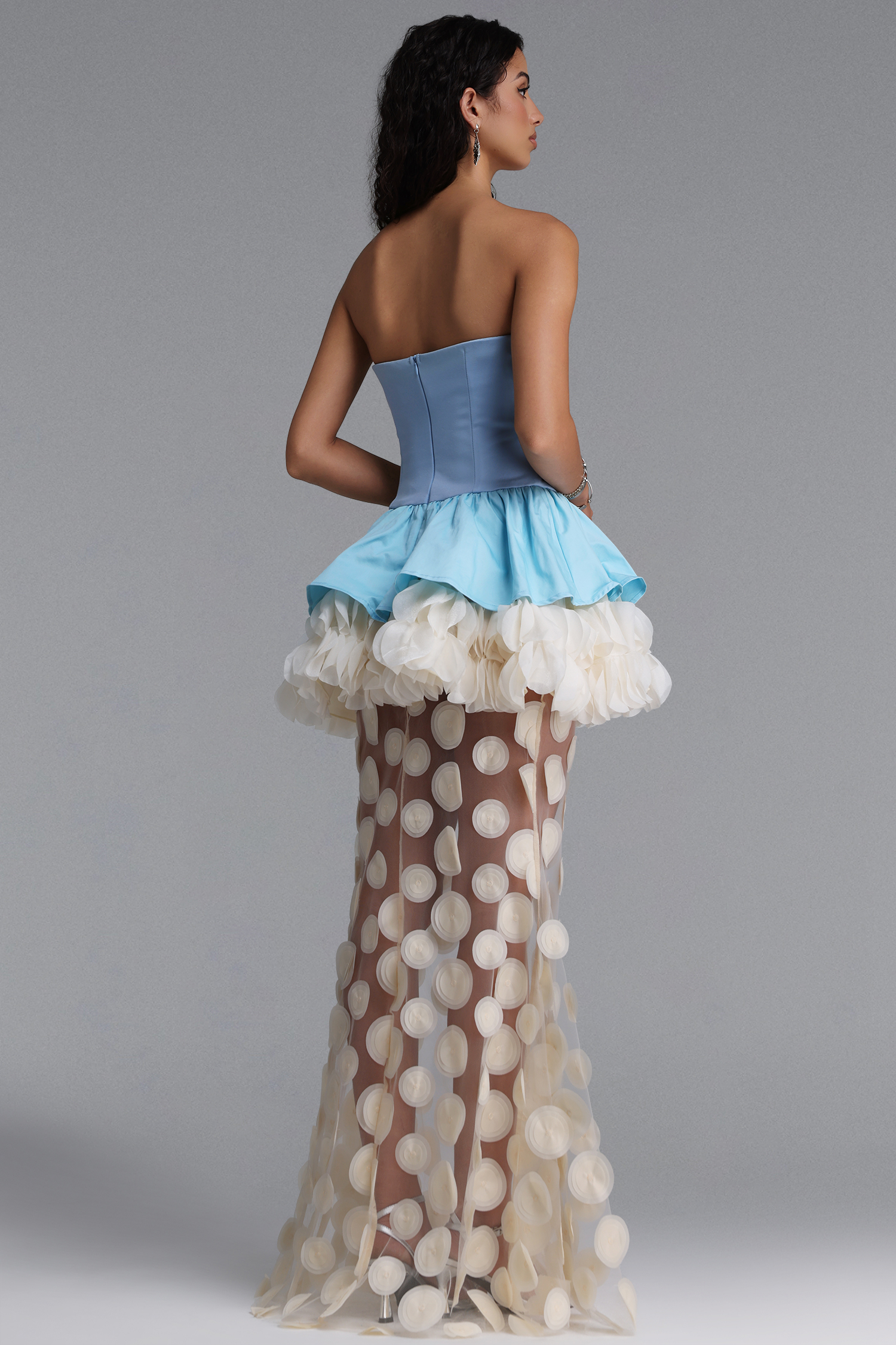 Johanne Elegant Contour Strapless Ruffle Contrast Blue Maxi Dress