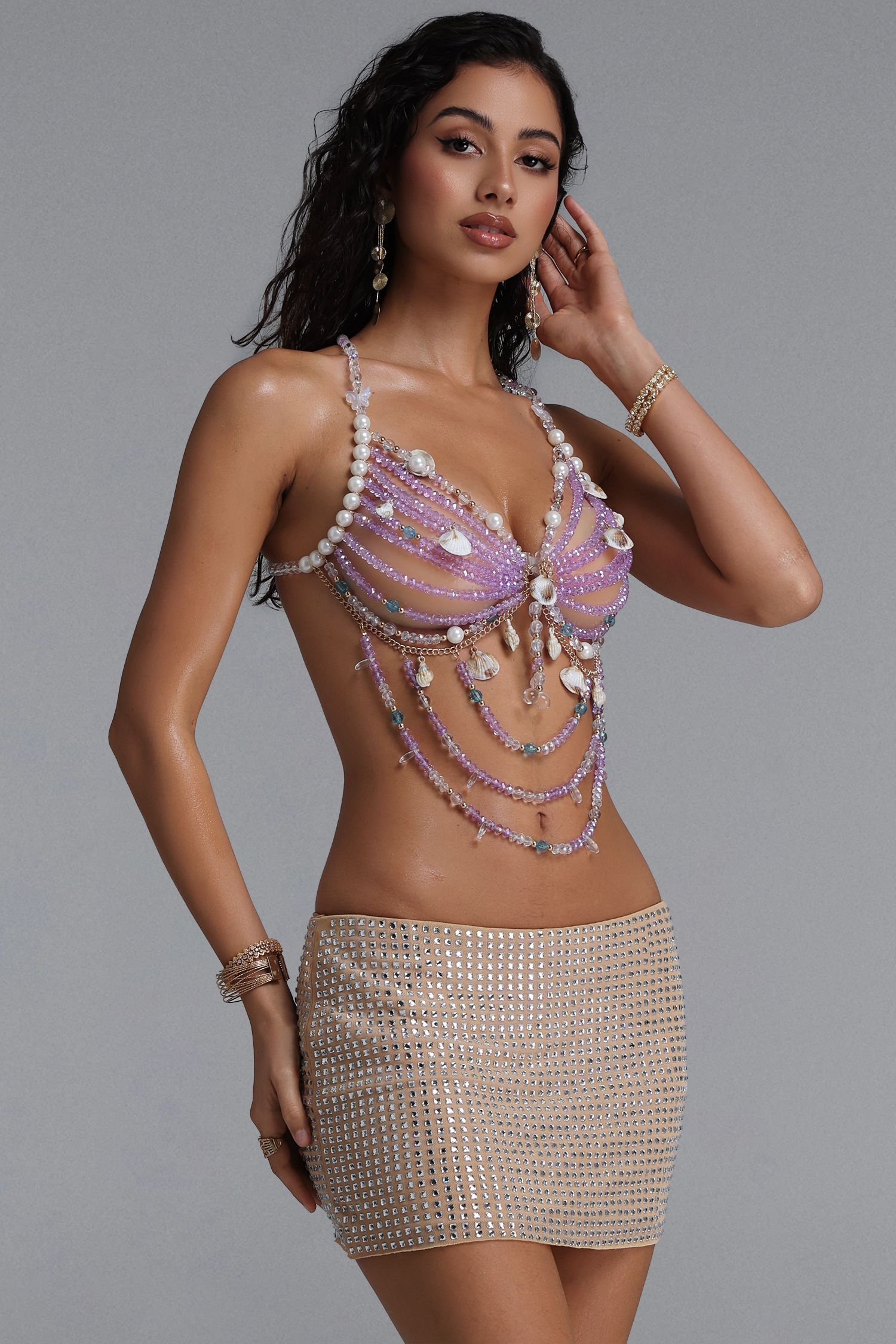 Perly Romantic Halter Purple Crystal Shell Pearl Body Chain Top