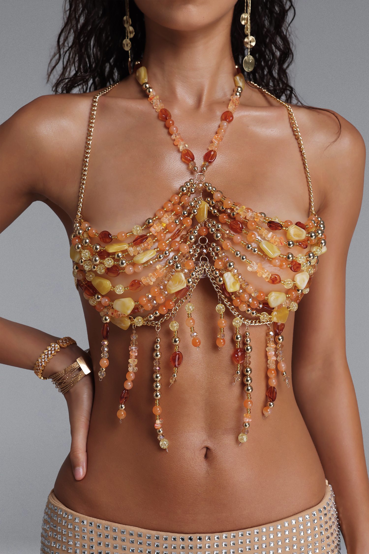 Holly Gradient Irregular Stone Beaded Halter Body Chain Top