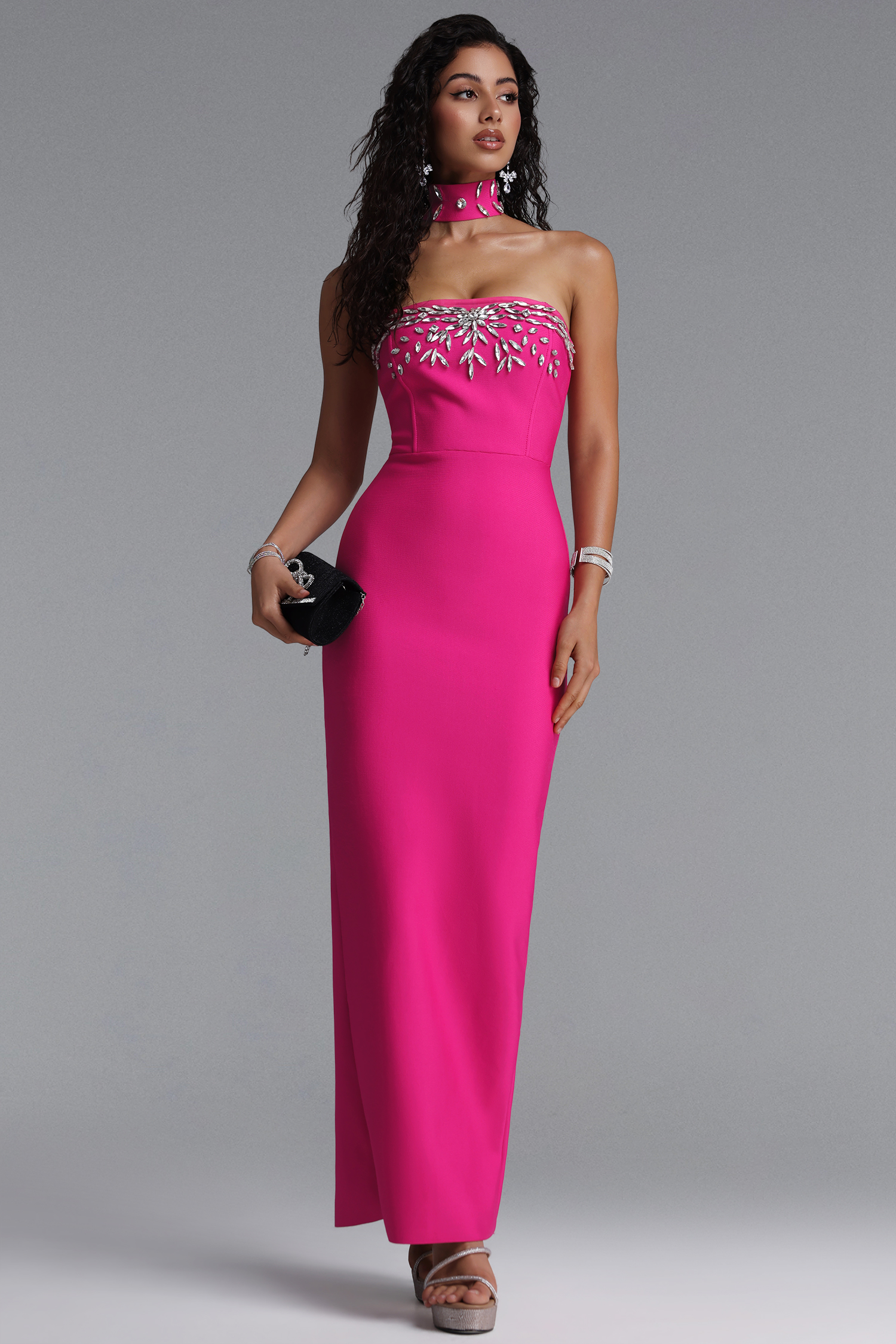 Emilee Luxury Contour Choker Rhinestone Bandage Maxi Dress
