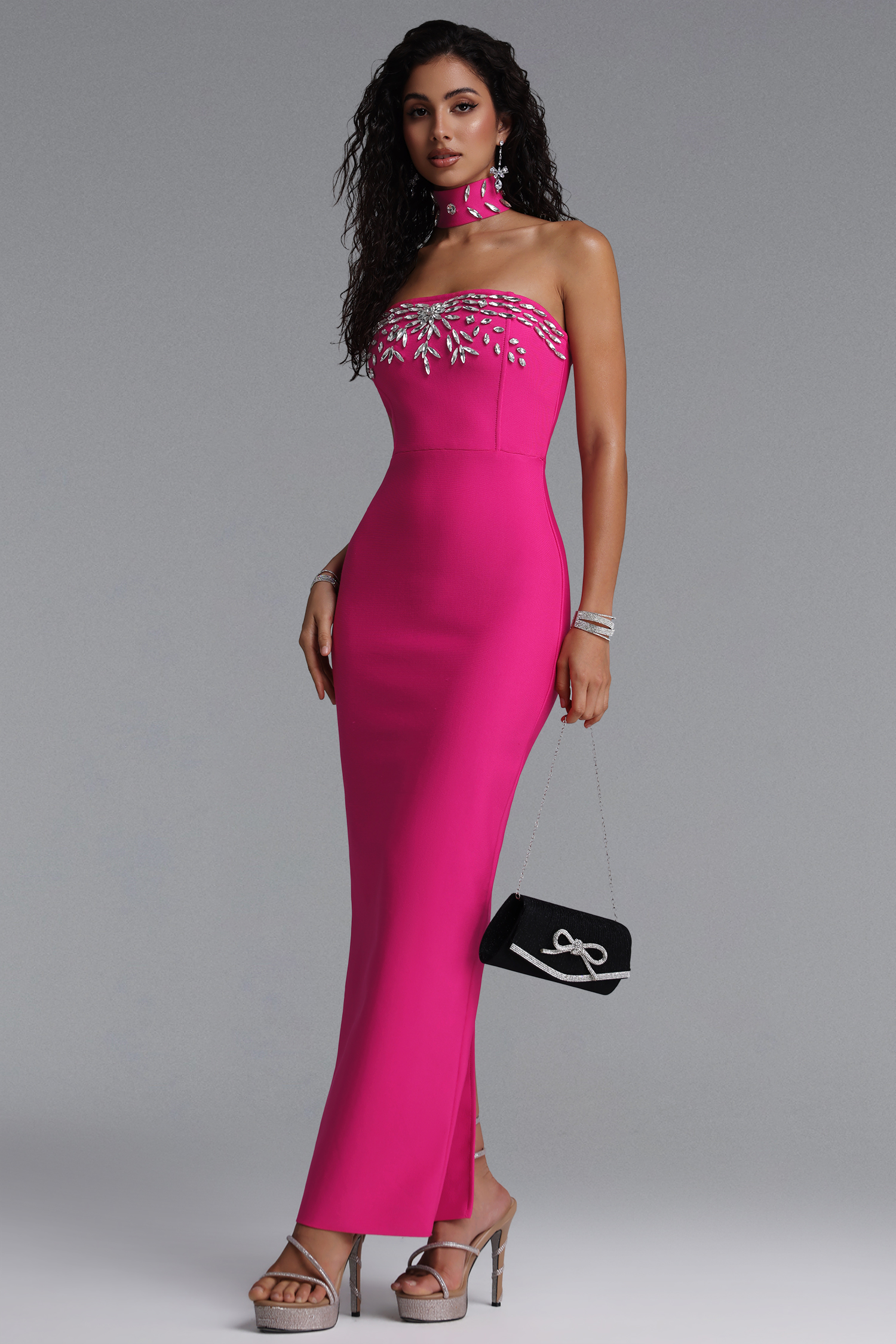 Emilee Luxury Contour Choker Rhinestone Bandage Maxi Dress