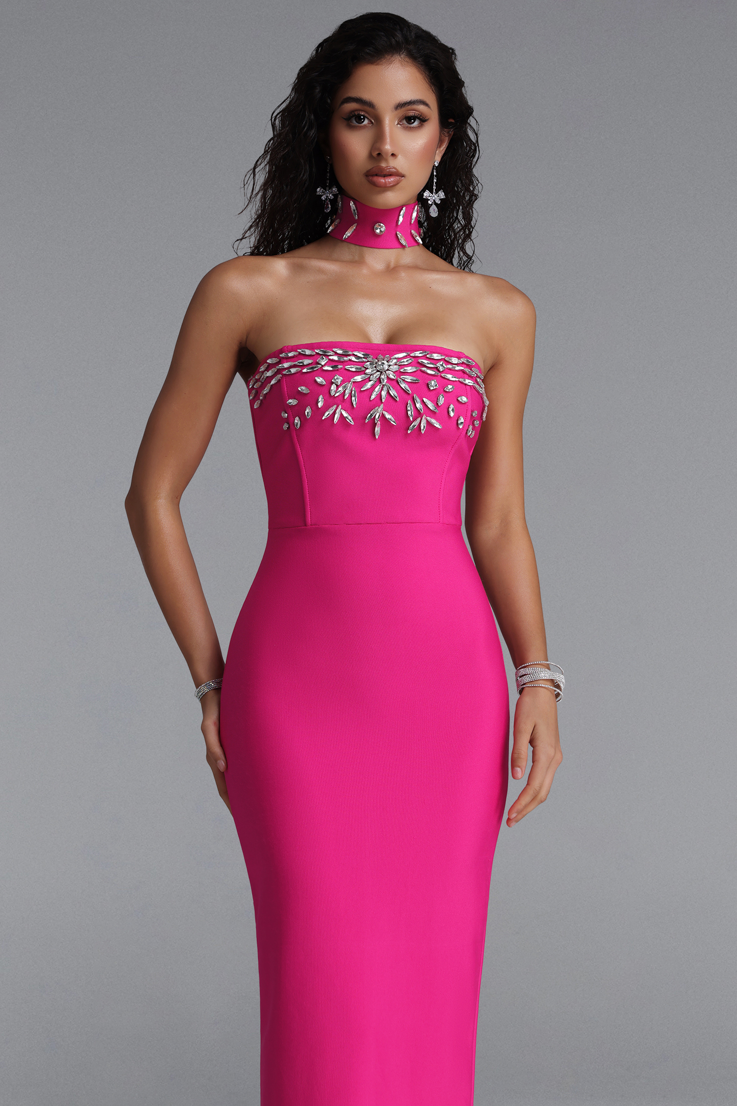 Emilee Luxury Contour Choker Rhinestone Bandage Maxi Dress